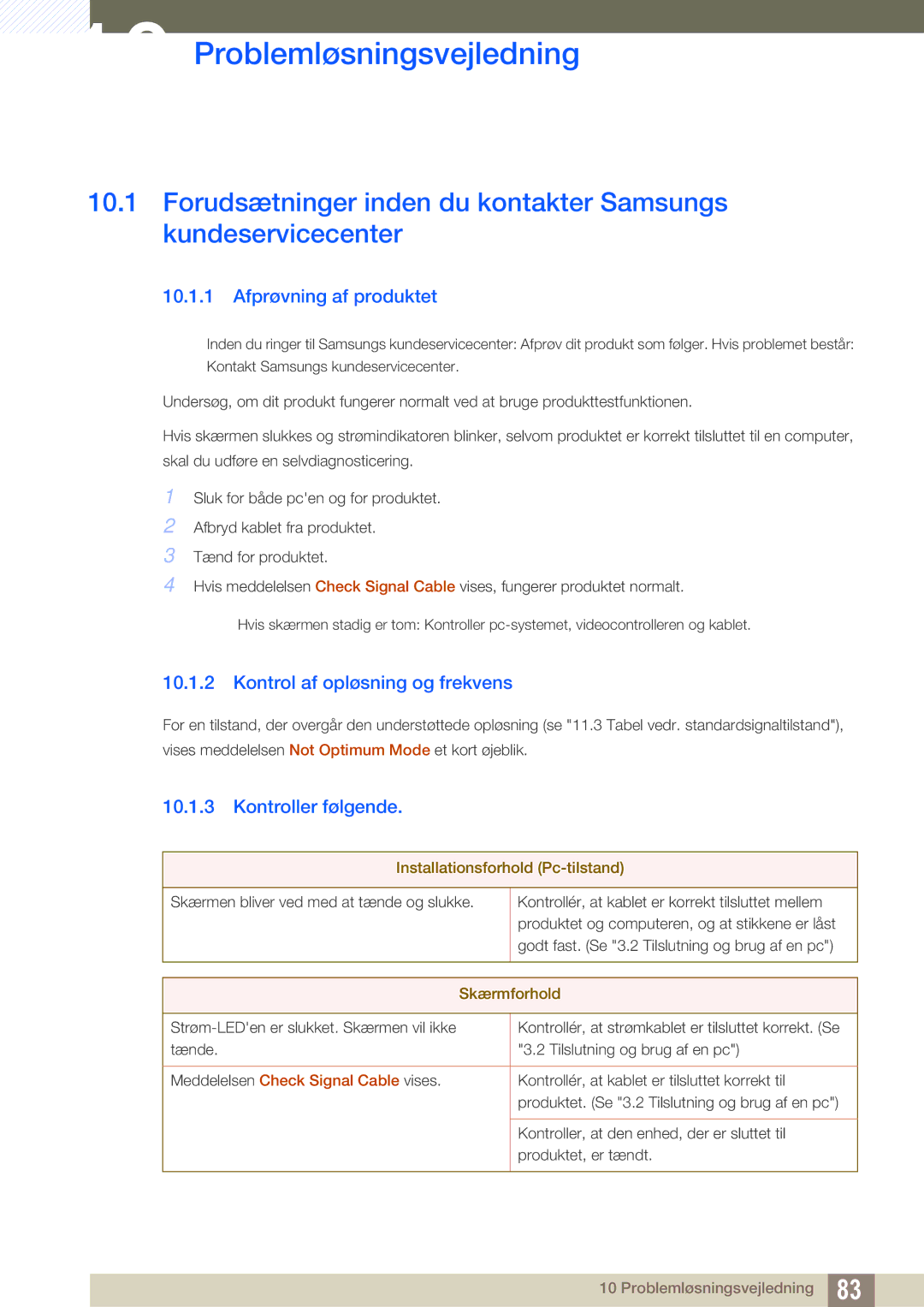 Samsung LF22TSWTBDN/EN manual Problemløsningsvejledning, Afprøvning af produktet, Kontrol af opløsning og frekvens 