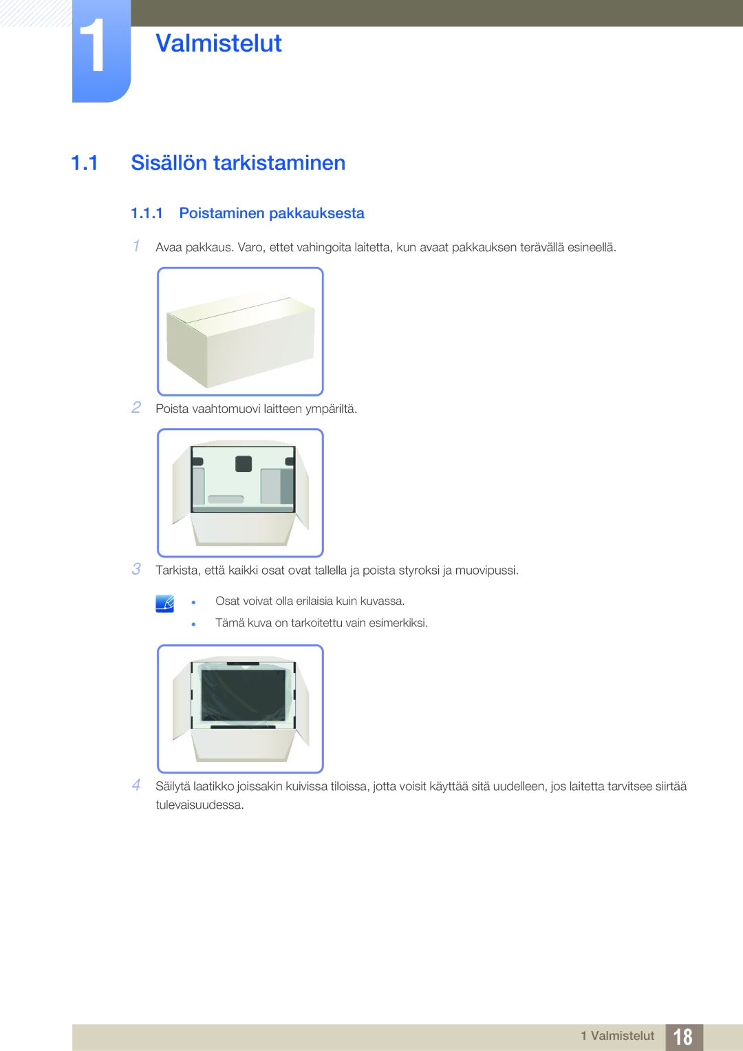 Samsung LF24TSWTBDN/EN, LF19TSWTBDN/EN, LF22TSWTBDN/EN manual Valmistelut, Sisällön tarkistaminen, Poistaminen pakkauksesta 