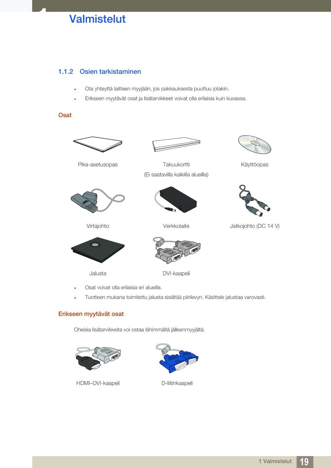 Samsung LF19TSWTBDN/EN, LF24TSWTBDN/EN, LF22TSWTBDN/EN manual Osien tarkistaminen, Osat, Erikseen myytävät osat 