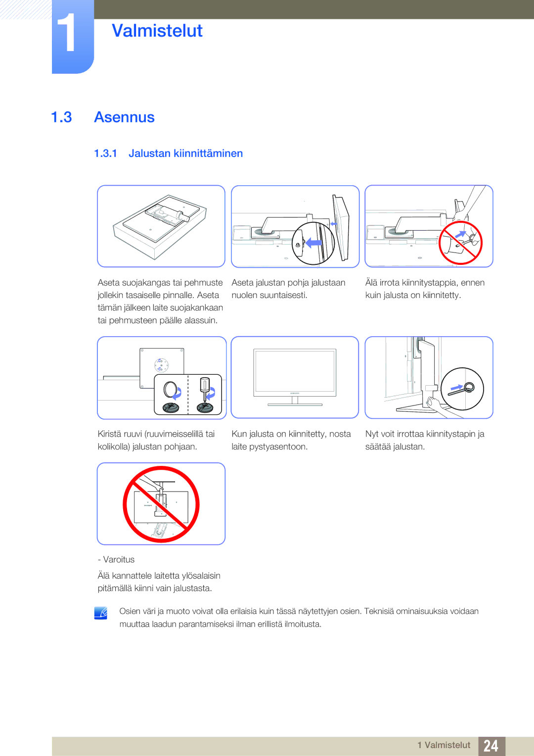 Samsung LF24TSWTBDN/EN, LF19TSWTBDN/EN, LF22TSWTBDN/EN manual Asennus, Jalustan kiinnittäminen 