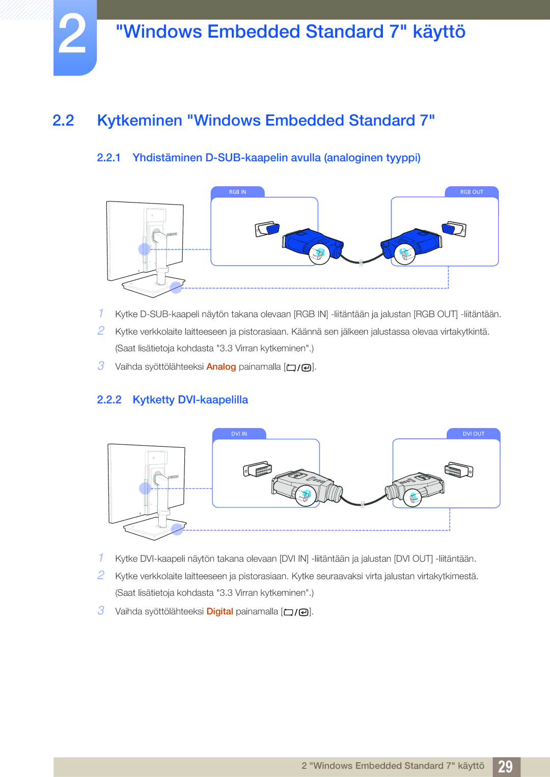 Samsung LF22TSWTBDN/EN manual Kytkeminen Windows Embedded Standard, Yhdistäminen D-SUB-kaapelin avulla analoginen tyyppi 