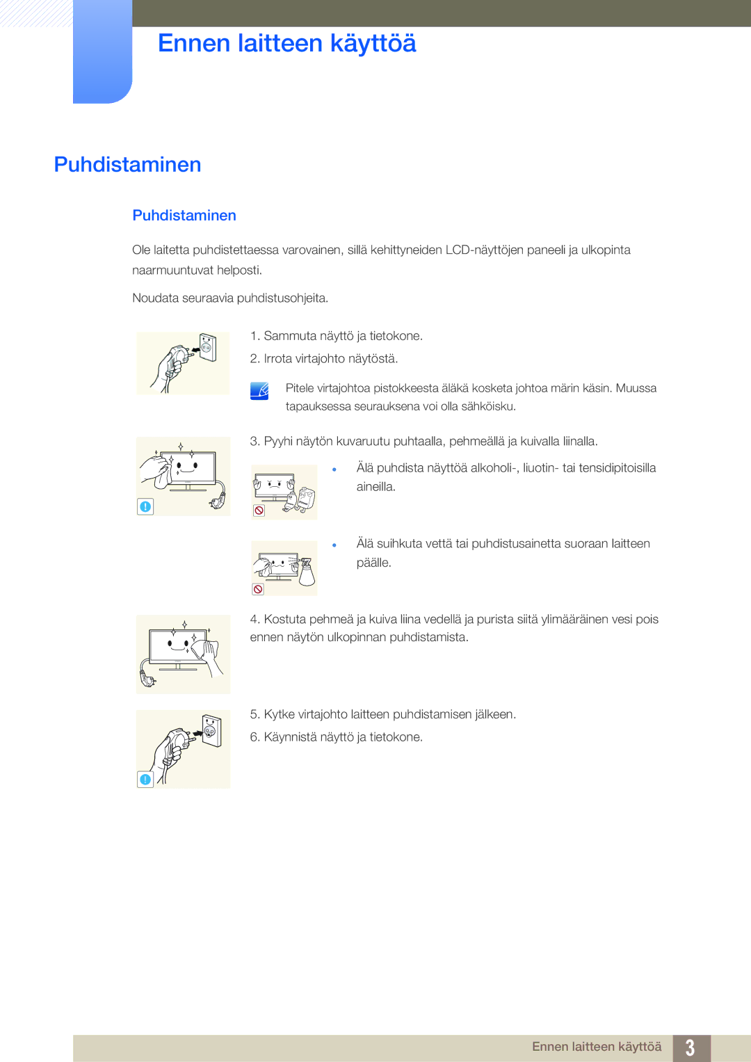 Samsung LF24TSWTBDN/EN, LF19TSWTBDN/EN, LF22TSWTBDN/EN manual Puhdistaminen 