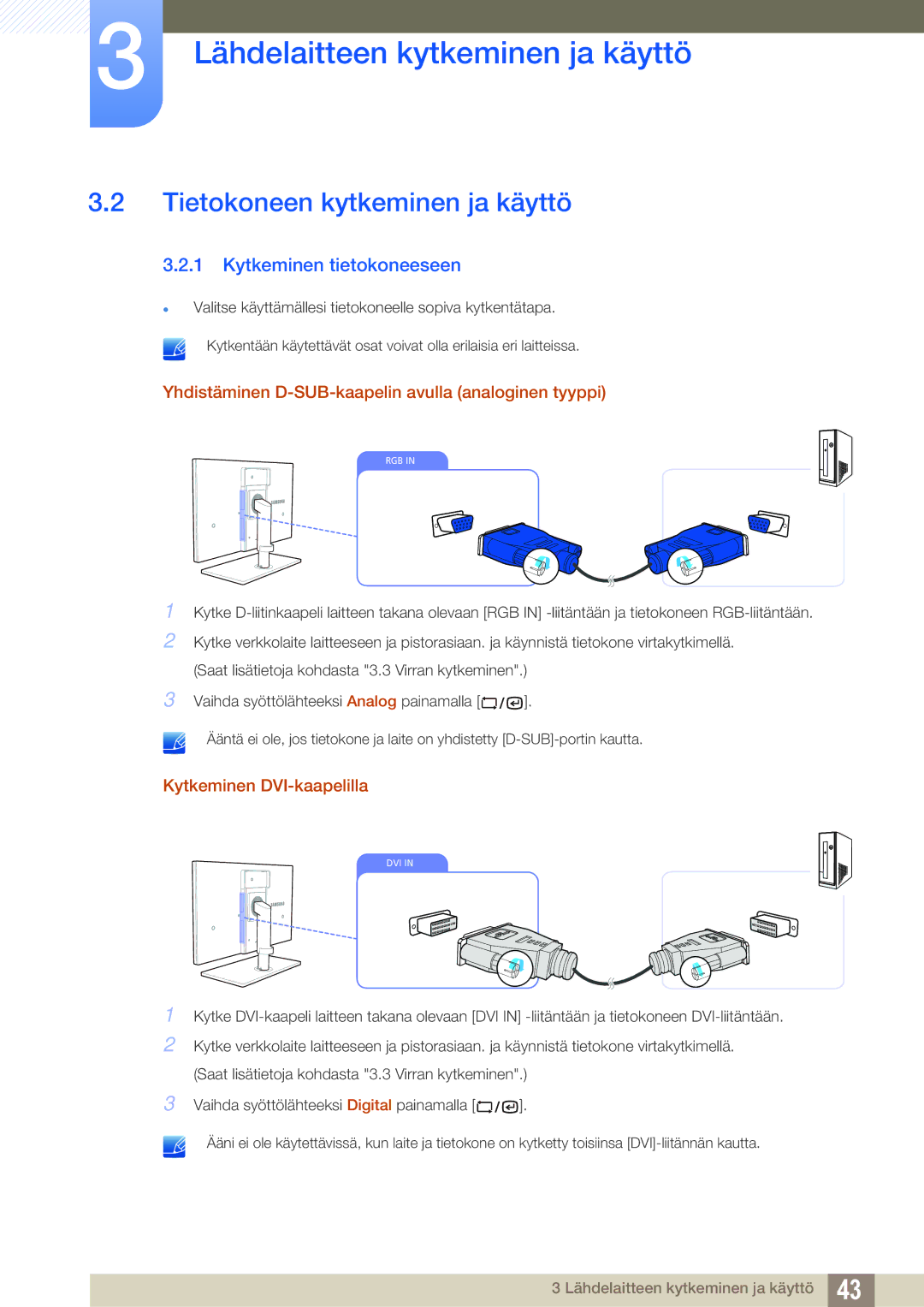 Samsung LF19TSWTBDN/EN manual Tietokoneen kytkeminen ja käyttö, Kytkeminen tietokoneeseen, Kytkeminen DVI-kaapelilla 