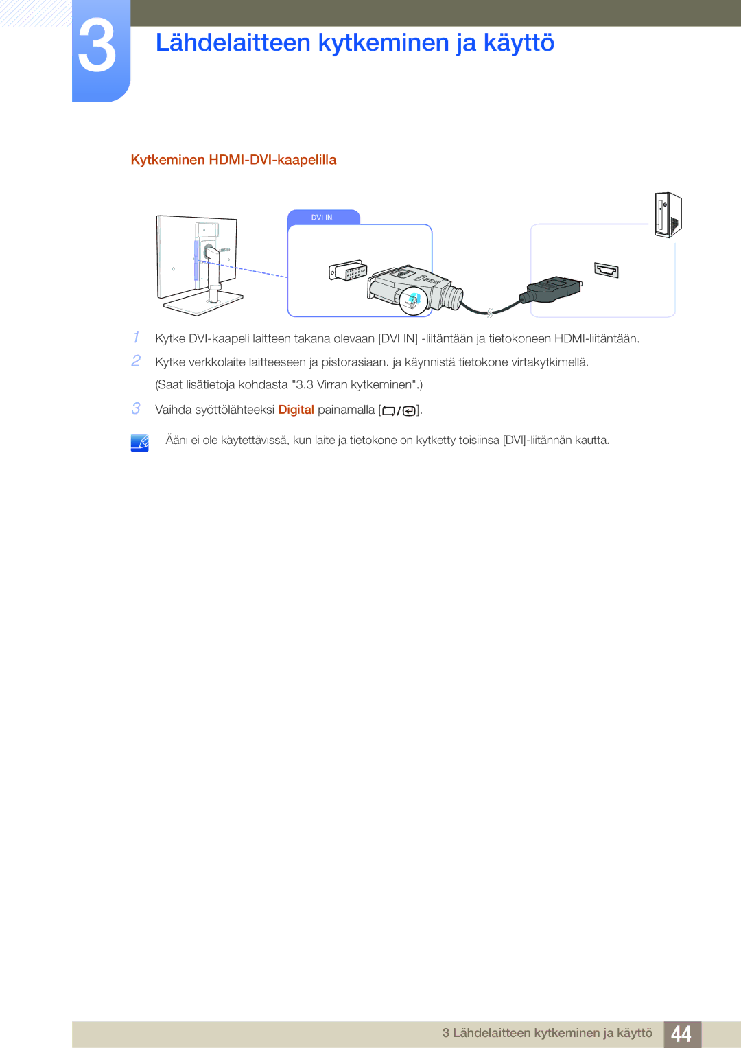 Samsung LF22TSWTBDN/EN, LF24TSWTBDN/EN, LF19TSWTBDN/EN manual Kytkeminen HDMI-DVI-kaapelilla 