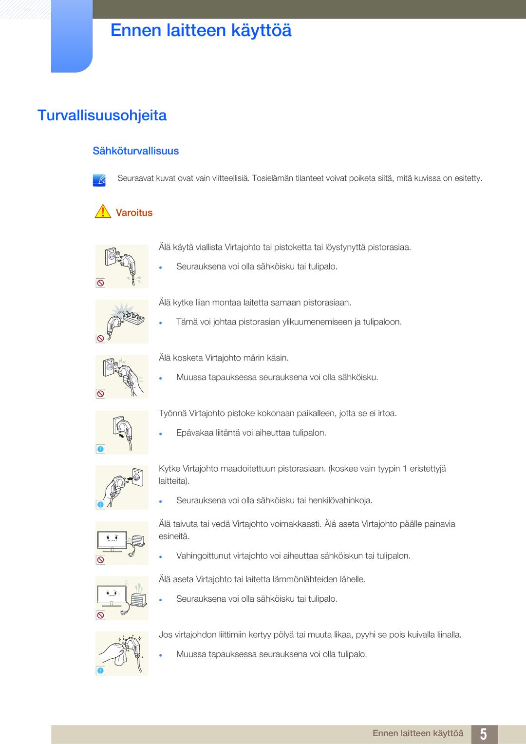 Samsung LF22TSWTBDN/EN, LF24TSWTBDN/EN, LF19TSWTBDN/EN manual Turvallisuusohjeita, Sähköturvallisuus, Varoitus 