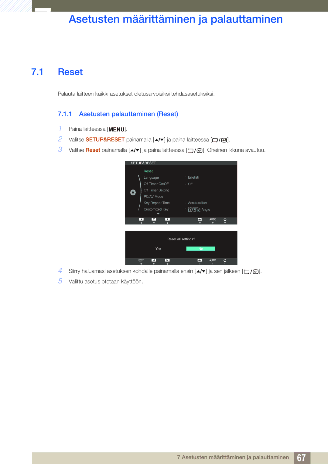 Samsung LF19TSWTBDN/EN, LF24TSWTBDN/EN manual Asetusten määrittäminen ja palauttaminen, Asetusten palauttaminen Reset 