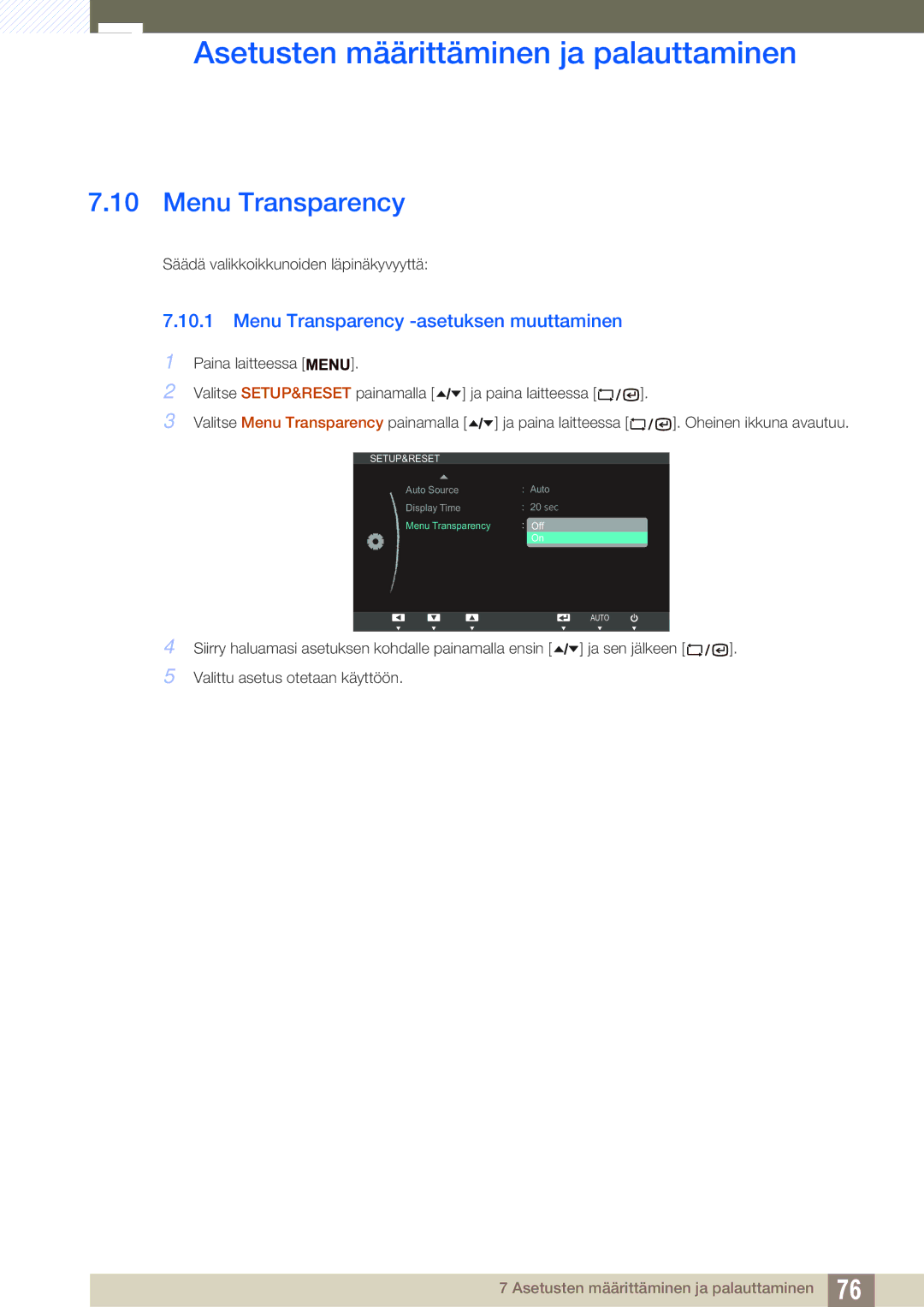 Samsung LF19TSWTBDN/EN, LF24TSWTBDN/EN, LF22TSWTBDN/EN manual Menu Transparency -asetuksen muuttaminen 