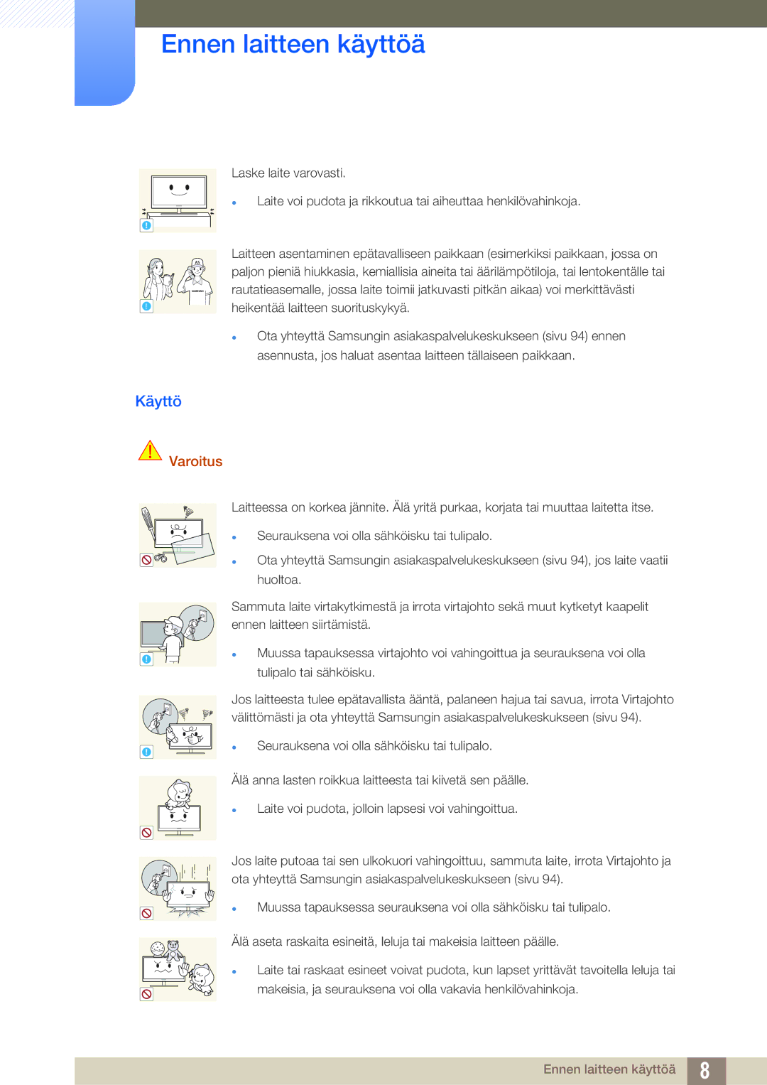 Samsung LF22TSWTBDN/EN, LF24TSWTBDN/EN, LF19TSWTBDN/EN manual Käyttö, Tulipalo tai sähköisku 