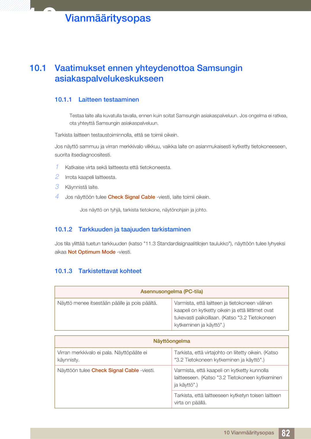 Samsung LF19TSWTBDN/EN, LF24TSWTBDN/EN manual Vianmääritysopas, Laitteen testaaminen, Tarkkuuden ja taajuuden tarkistaminen 