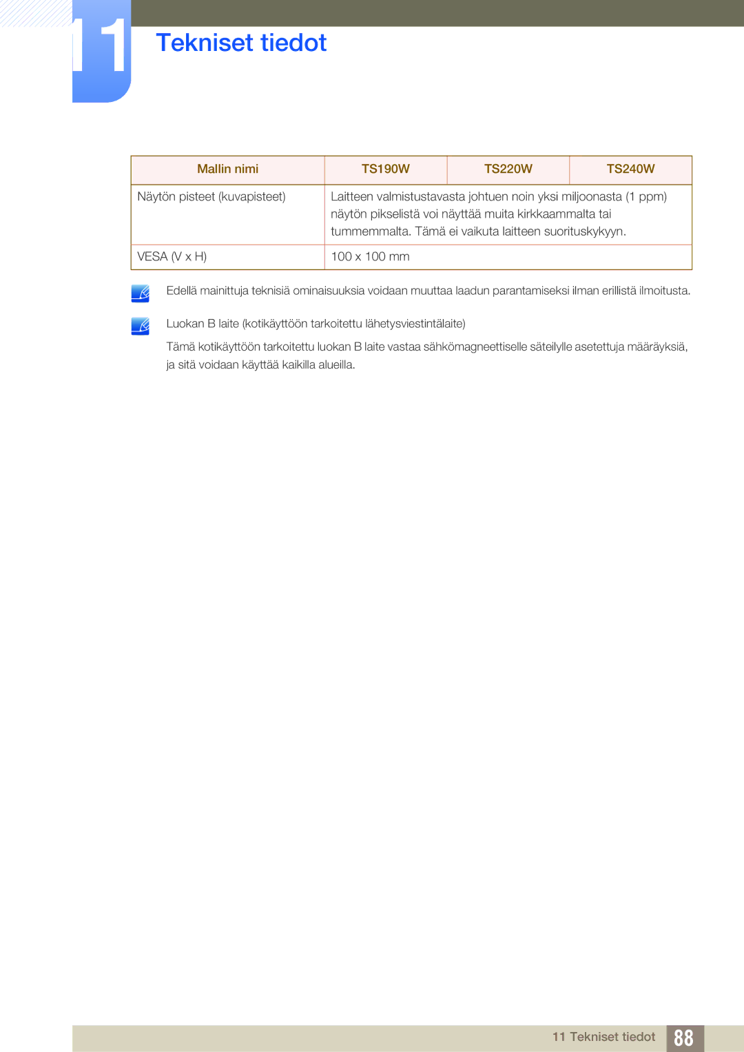 Samsung LF19TSWTBDN/EN, LF24TSWTBDN/EN, LF22TSWTBDN/EN manual Tekniset tiedot 