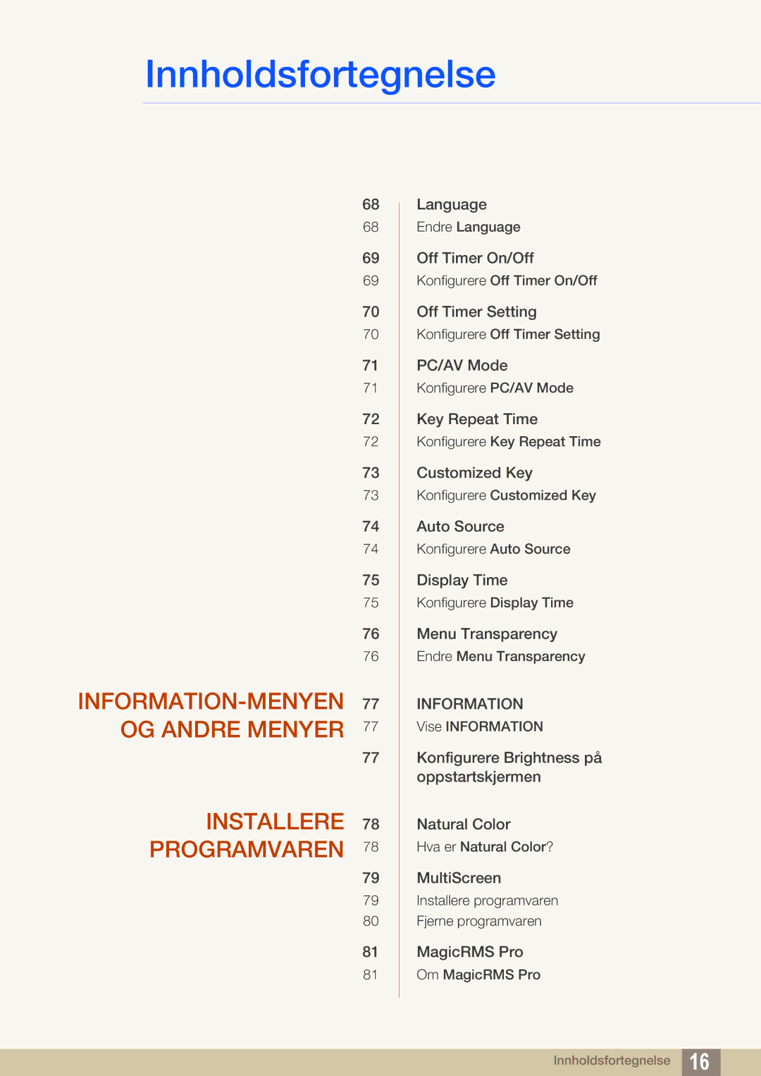 Samsung LF19TSWTBDN/EN, LF24TSWTBDN/EN, LF22TSWTBDN/EN manual INFORMATION-MENYEN OG Andre Menyer Installere Programvaren 