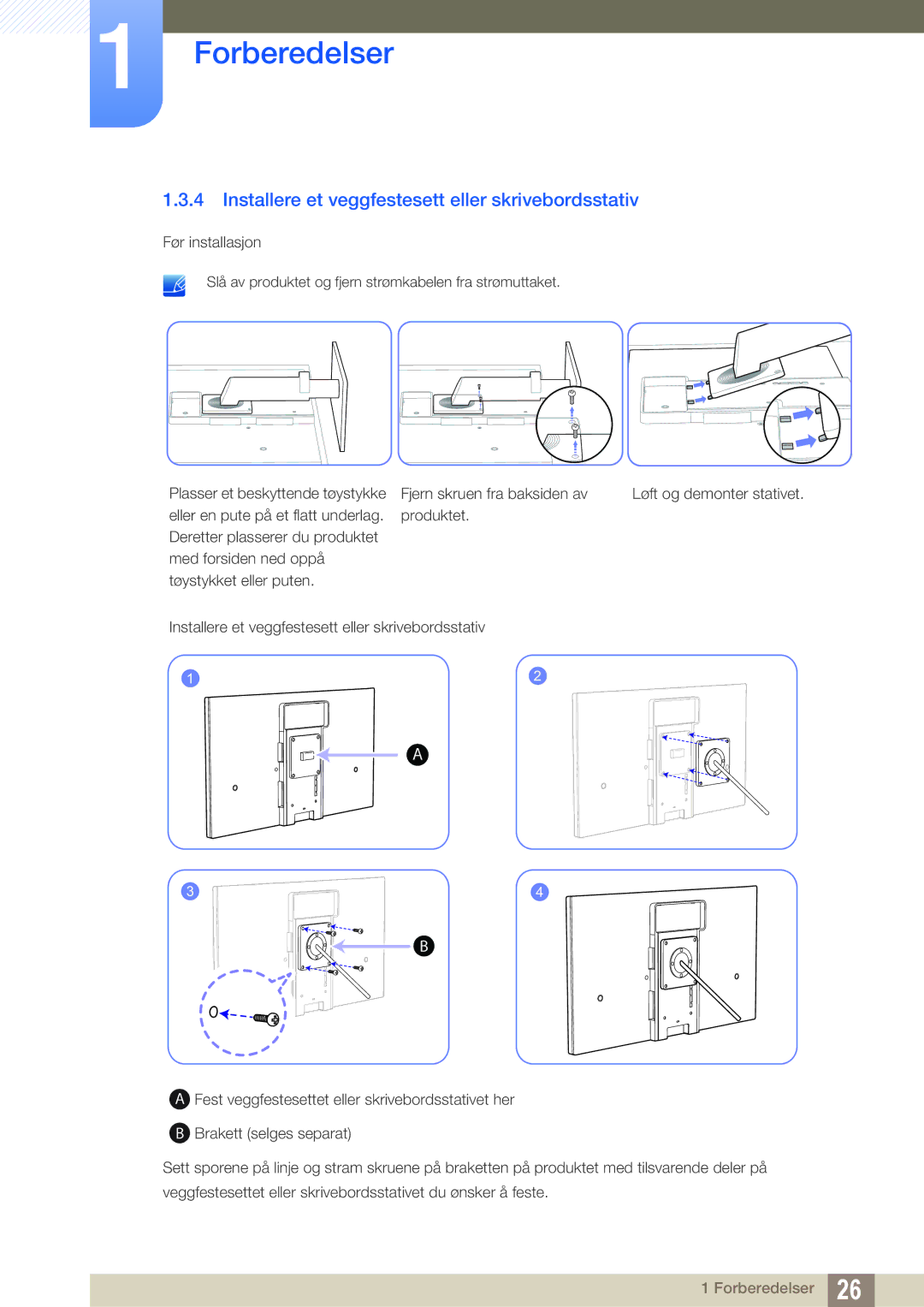 Samsung LF22TSWTBDN/EN, LF24TSWTBDN/EN, LF19TSWTBDN/EN manual Installere et veggfestesett eller skrivebordsstativ 