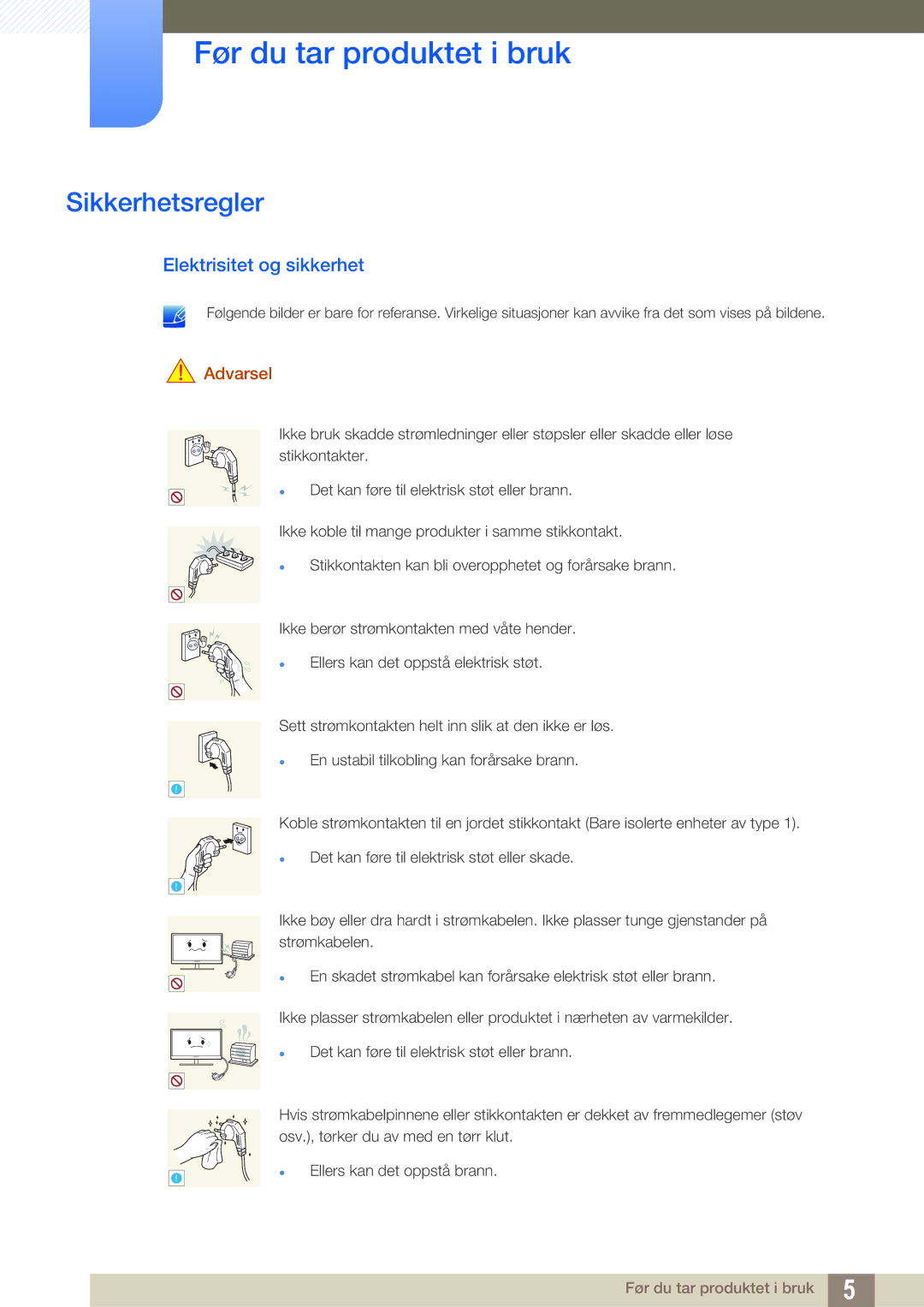 Samsung LF22TSWTBDN/EN, LF24TSWTBDN/EN, LF19TSWTBDN/EN manual Sikkerhetsregler, Elektrisitet og sikkerhet 