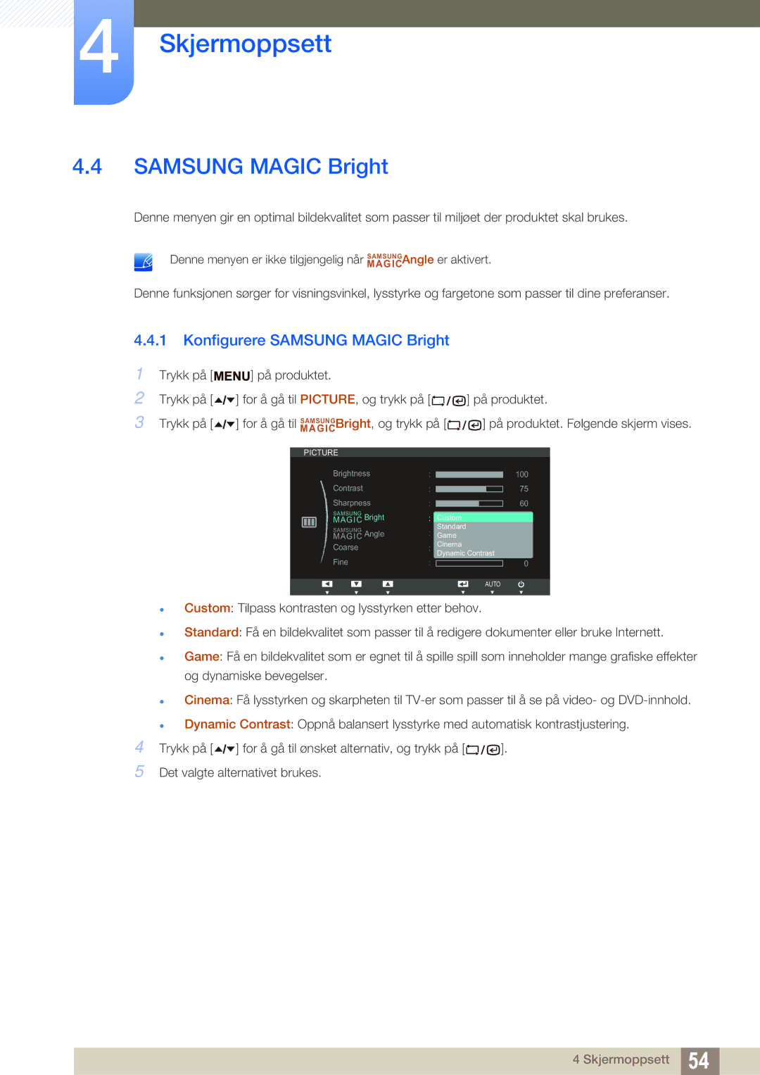 Samsung LF24TSWTBDN/EN, LF19TSWTBDN/EN, LF22TSWTBDN/EN manual Konfigurere Samsung Magic Bright 