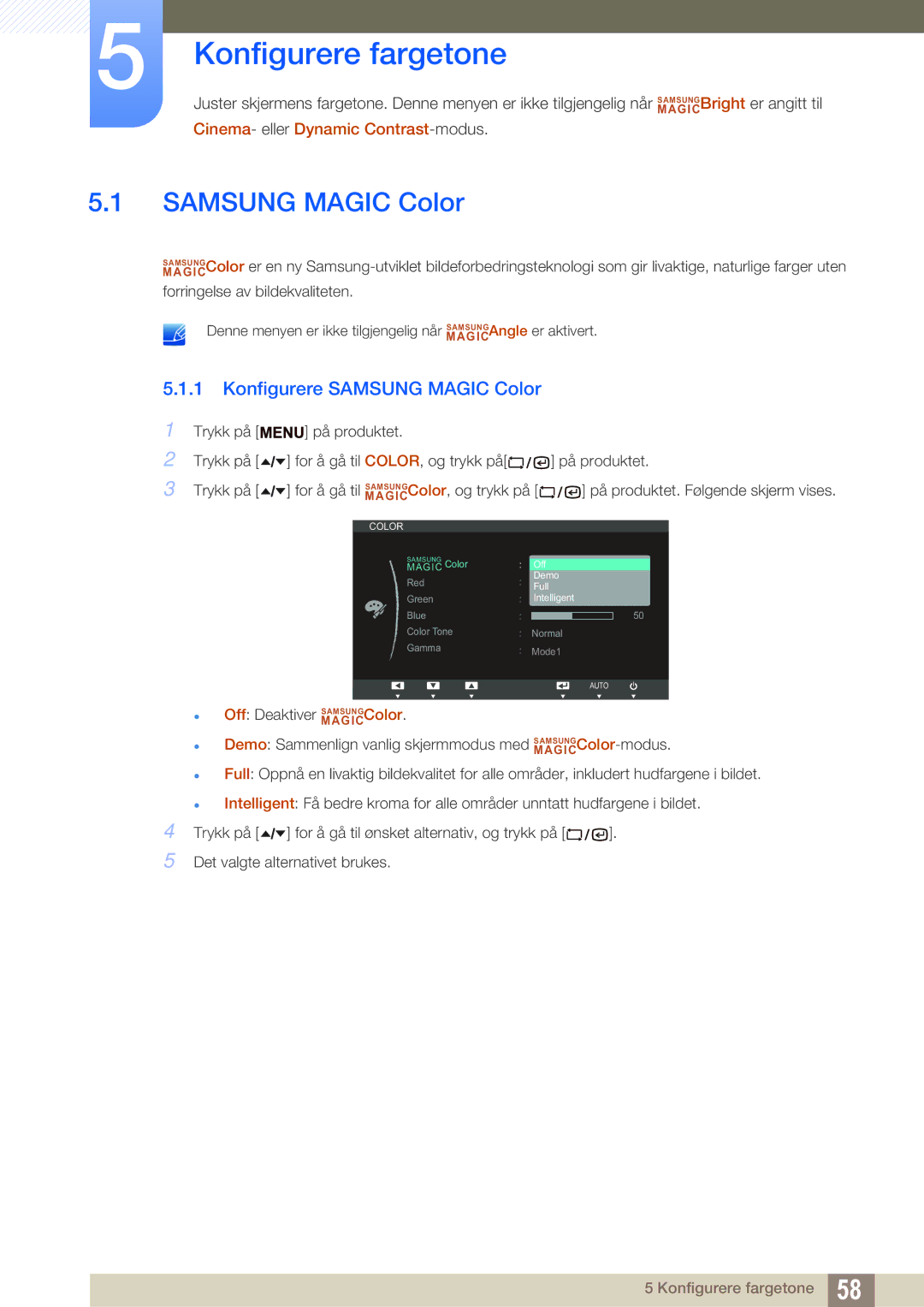 Samsung LF19TSWTBDN/EN, LF24TSWTBDN/EN, LF22TSWTBDN/EN manual Konfigurere fargetone, Konfigurere Samsung Magic Color 