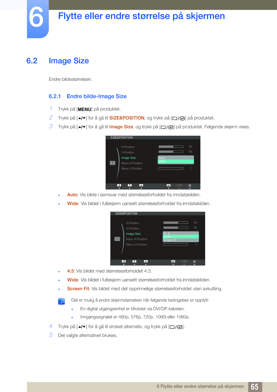 Samsung LF22TSWTBDN/EN, LF24TSWTBDN/EN, LF19TSWTBDN/EN manual Endre bilde-Image Size 