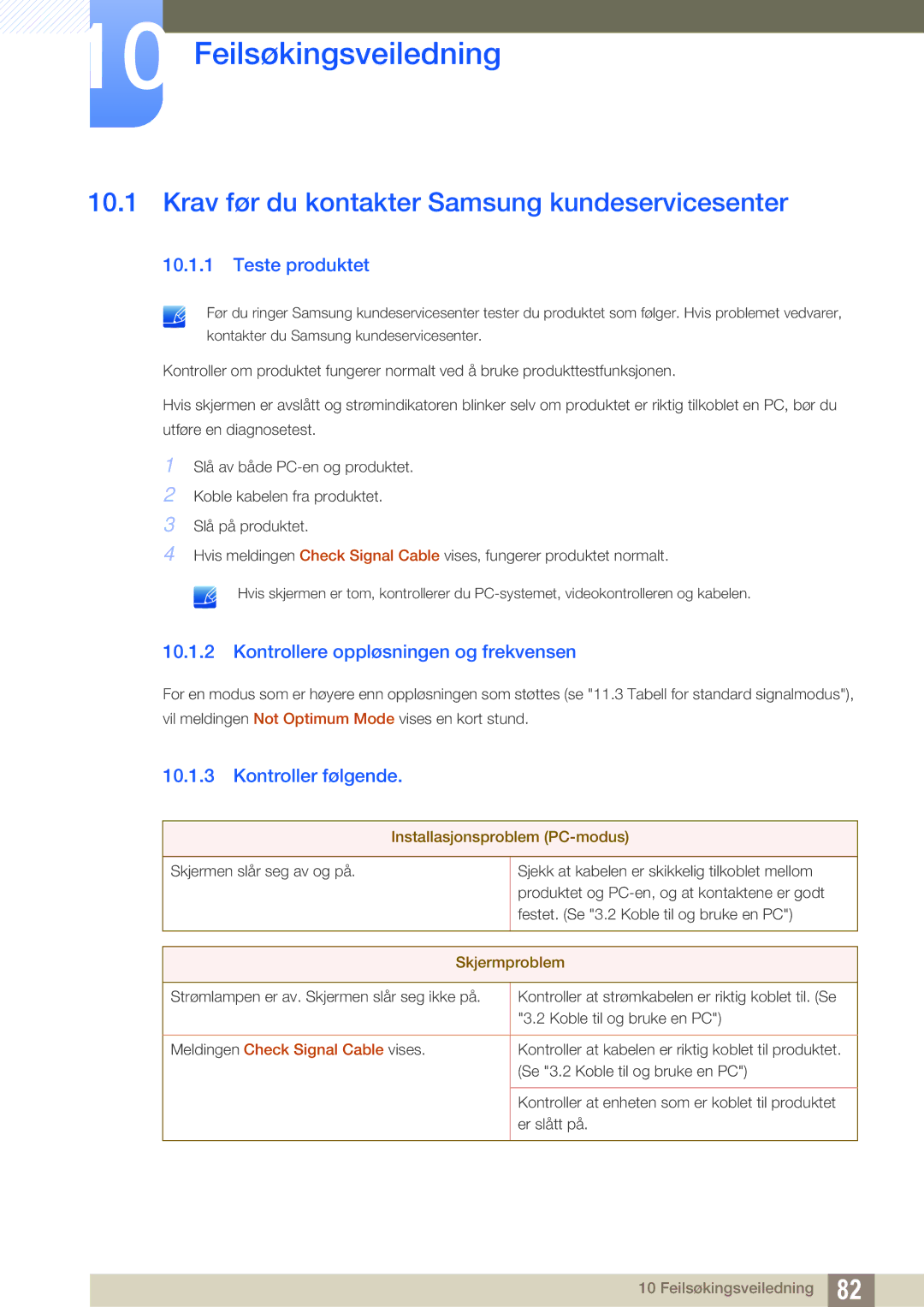 Samsung LF19TSWTBDN/EN manual Feilsøkingsveiledning, Krav før du kontakter Samsung kundeservicesenter, Teste produktet 