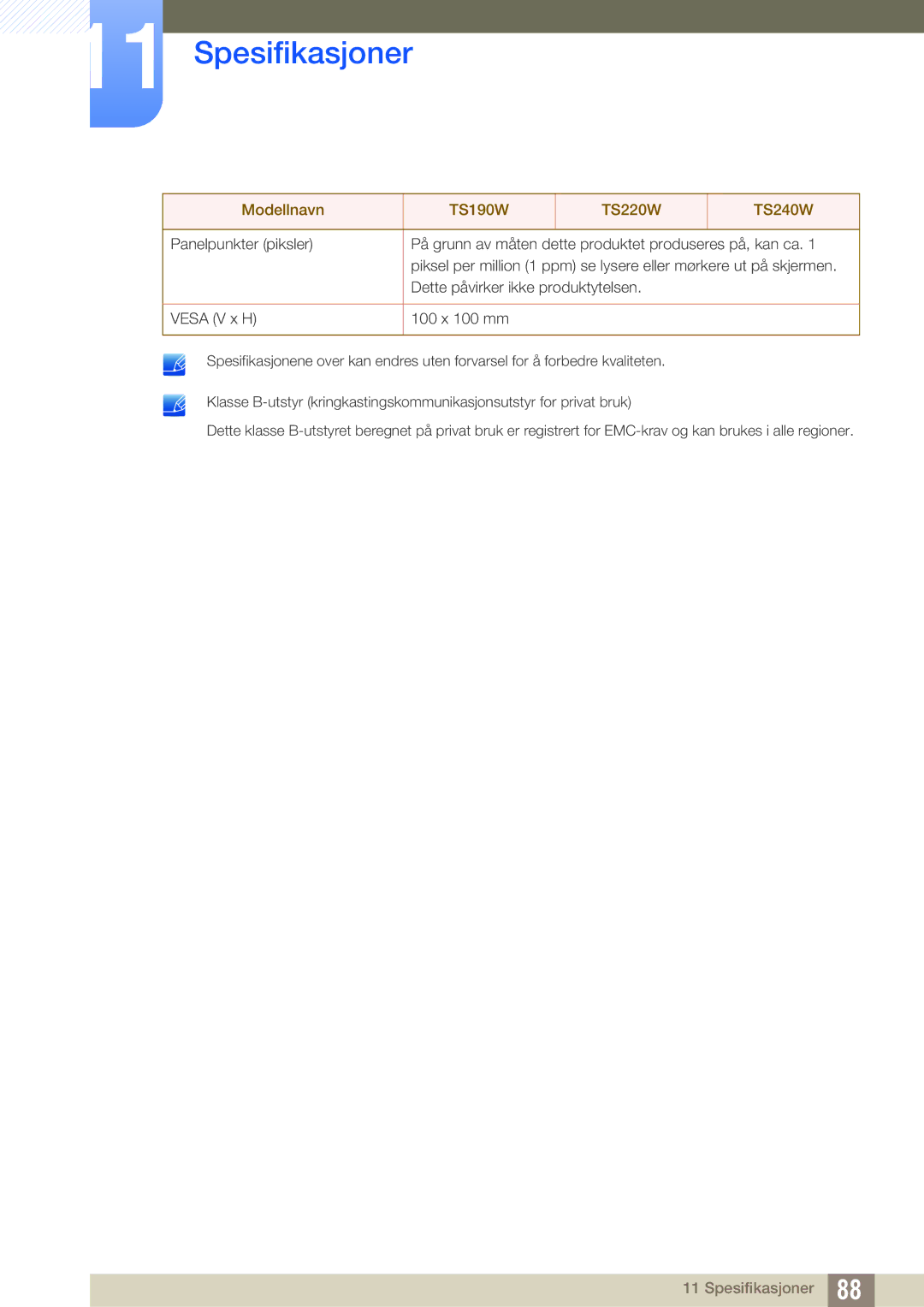 Samsung LF19TSWTBDN/EN, LF24TSWTBDN/EN, LF22TSWTBDN/EN manual Spesifikasjoner 