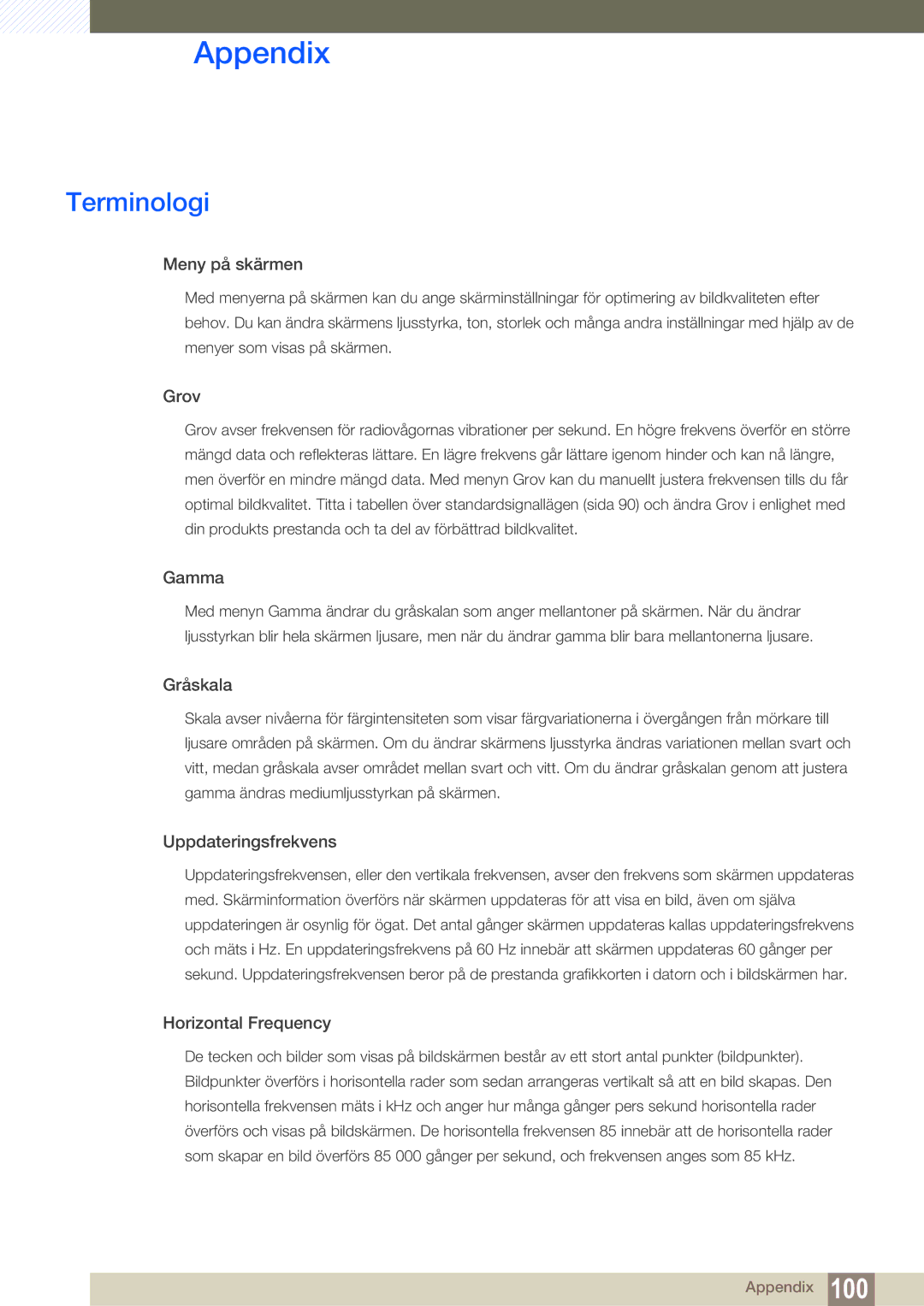 Samsung LF19TSWTBDN/EN, LF24TSWTBDN/EN, LF22TSWTBDN/EN manual Terminologi, Meny på skärmen 