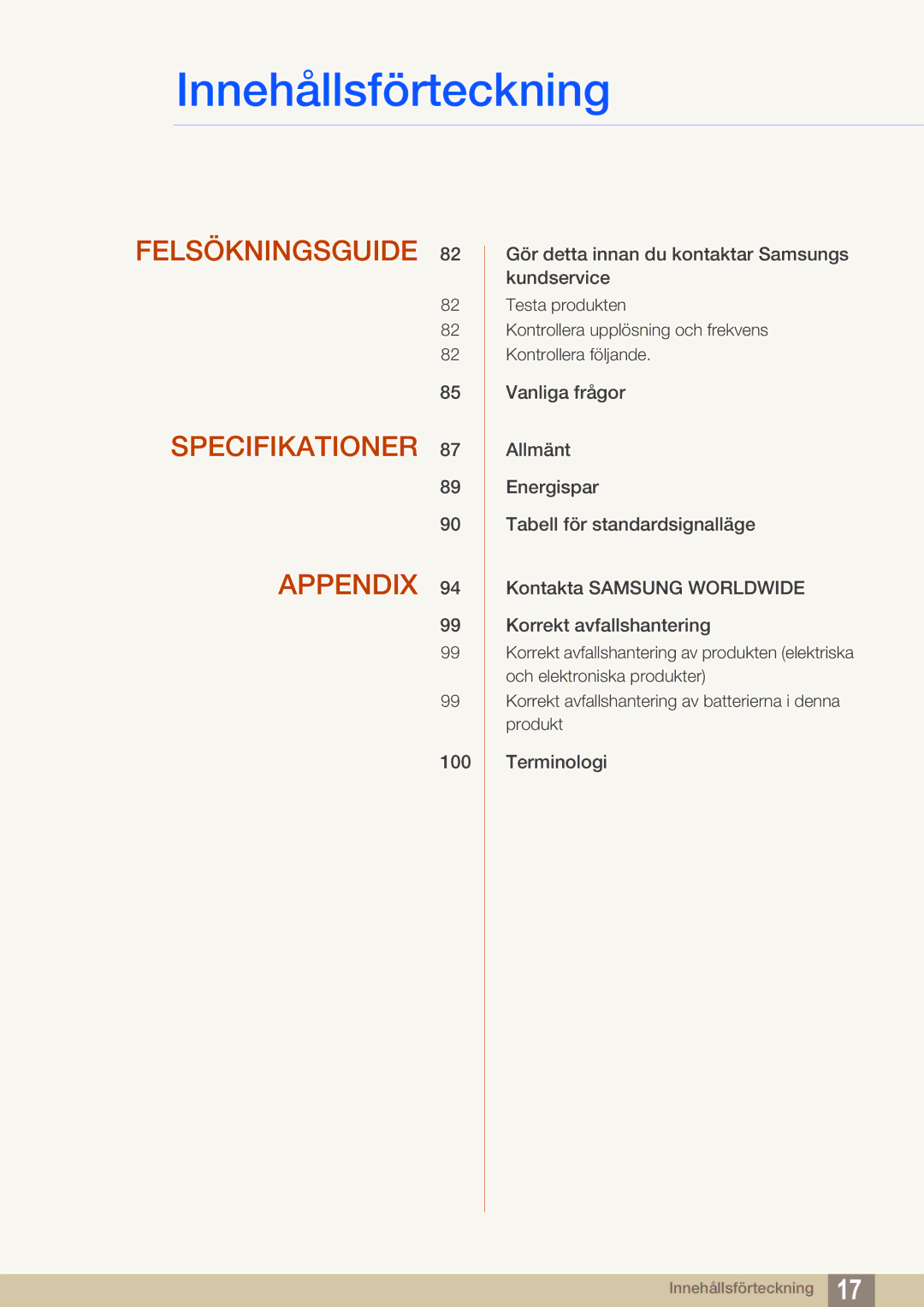 Samsung LF22TSWTBDN/EN, LF24TSWTBDN/EN, LF19TSWTBDN/EN manual Felsökningsguide Specifikationer Appendix 