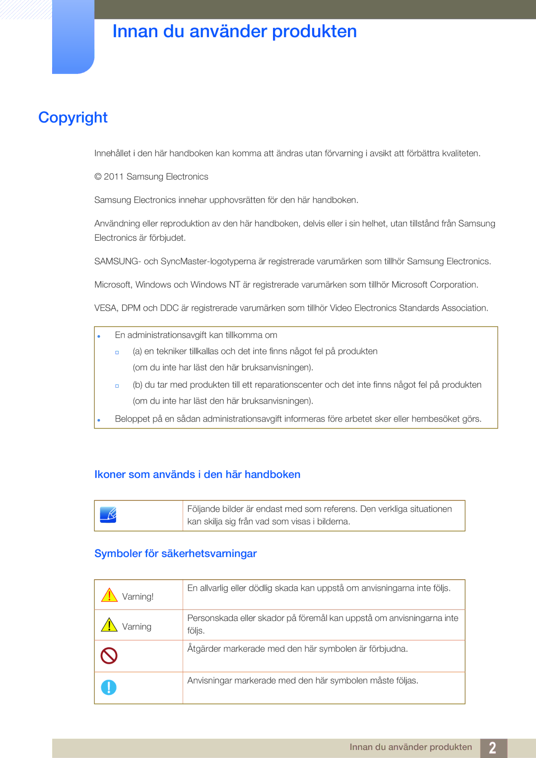 Samsung LF22TSWTBDN/EN, LF24TSWTBDN/EN manual Innan du använder produkten, Copyright, Ikoner som används i den här handboken 