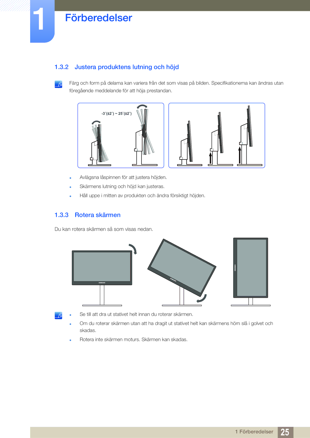 Samsung LF19TSWTBDN/EN, LF24TSWTBDN/EN, LF22TSWTBDN/EN manual Justera produktens lutning och höjd, Rotera skärmen 