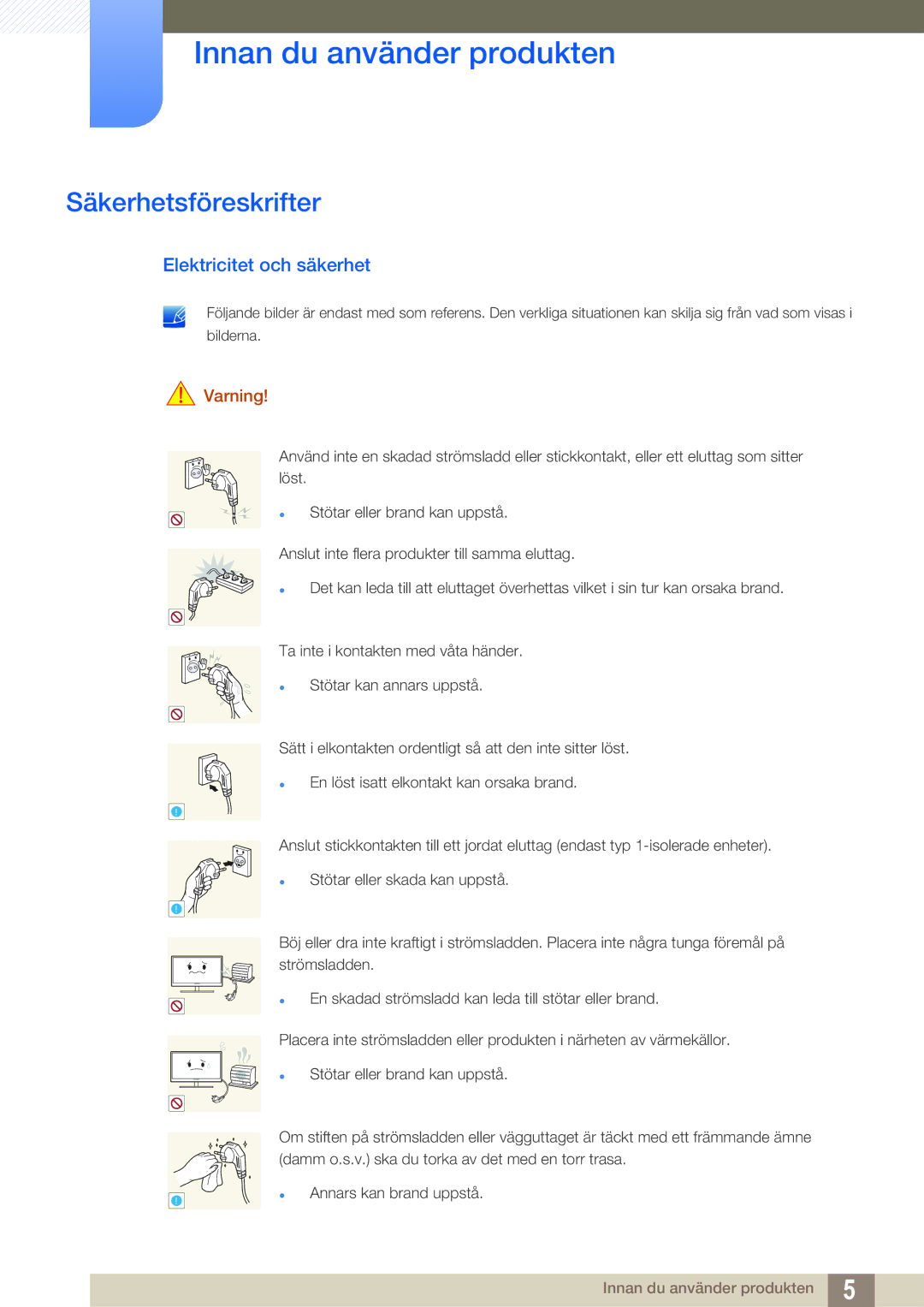 Samsung LF22TSWTBDN/EN, LF24TSWTBDN/EN, LF19TSWTBDN/EN manual Säkerhetsföreskrifter, Elektricitet och säkerhet, Varning 