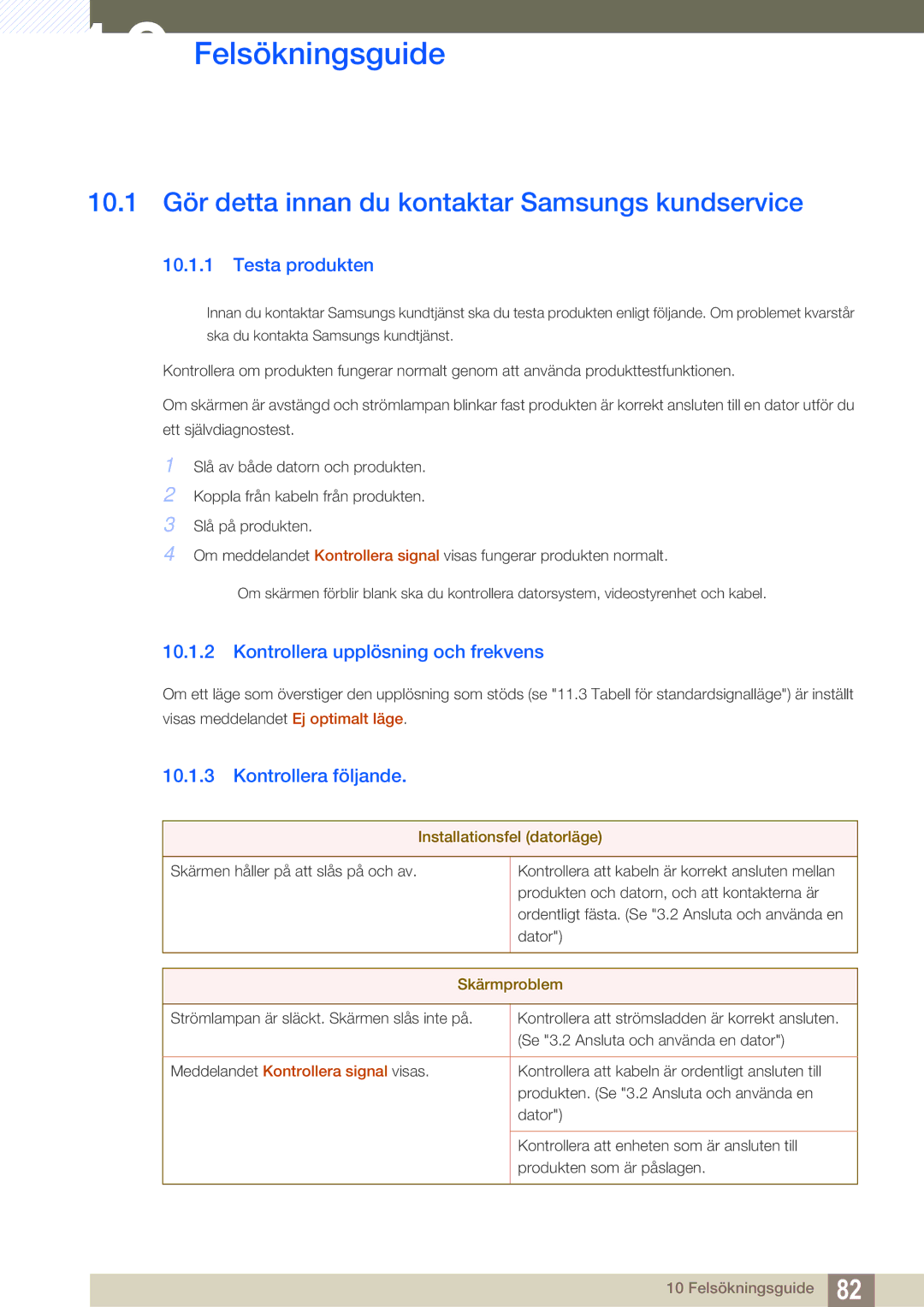 Samsung LF19TSWTBDN/EN manual Felsökningsguide, 10.1 Gör detta innan du kontaktar Samsungs kundservice, Testa produkten 