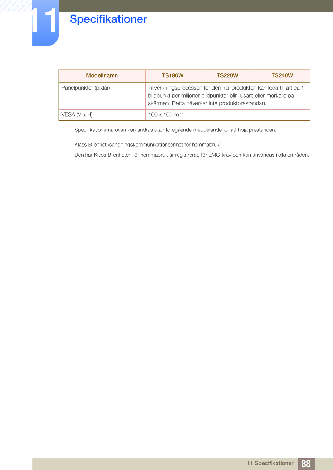 Samsung LF19TSWTBDN/EN, LF24TSWTBDN/EN, LF22TSWTBDN/EN manual Specifikationer 