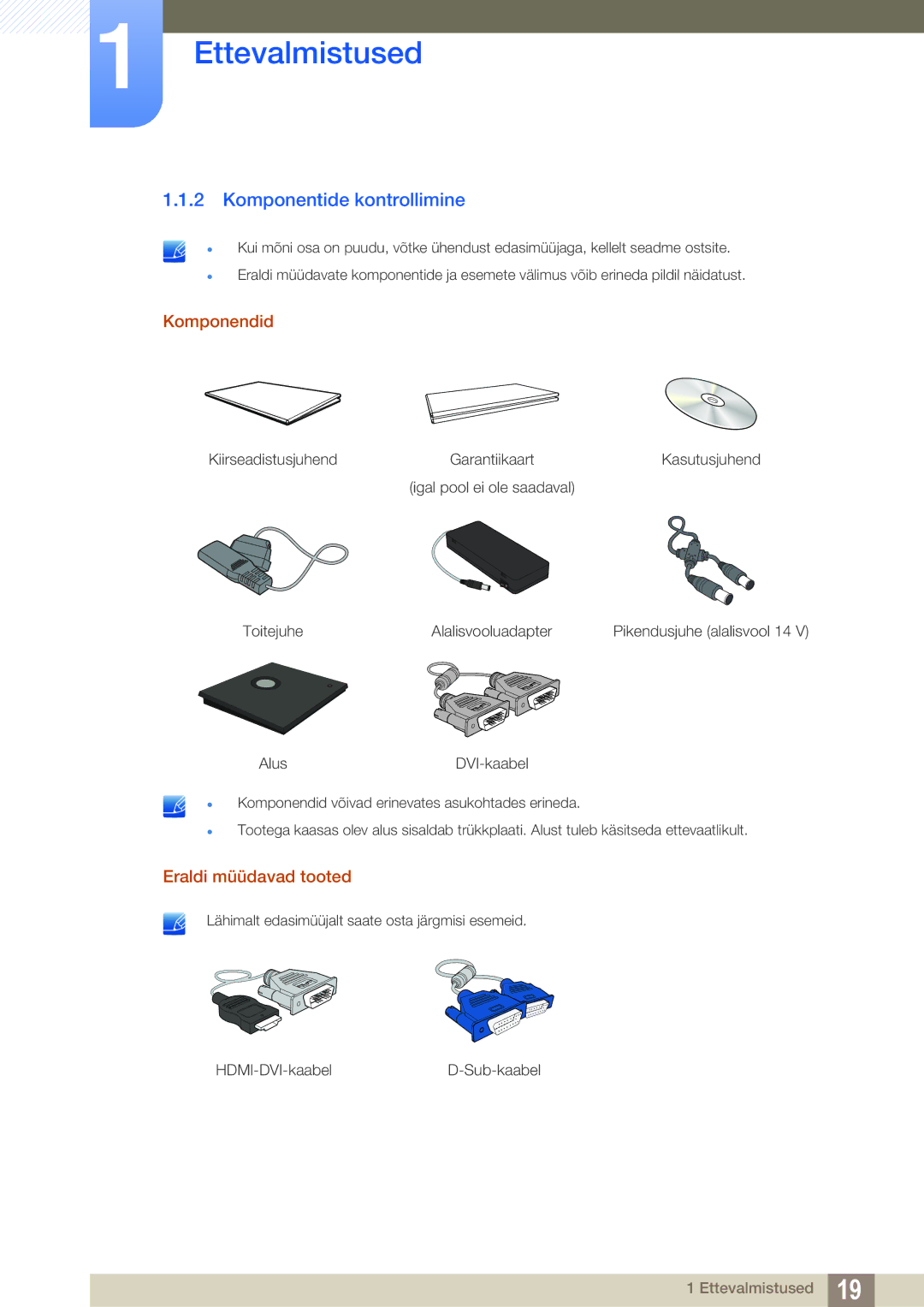 Samsung LF19TSWTBDN/EN, LF24TSWTBDN/EN, LF22TSWTBDN/EN manual Komponentide kontrollimine, Komponendid, Eraldi müüdavad tooted 