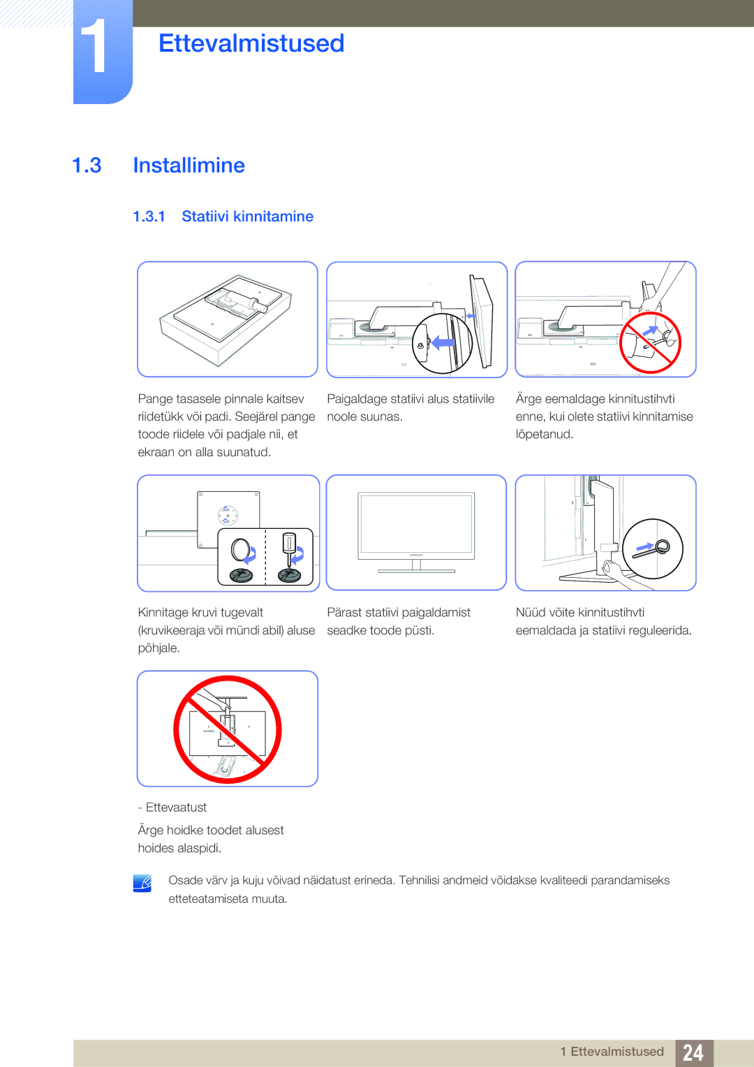 Samsung LF24TSWTBDN/EN, LF19TSWTBDN/EN, LF22TSWTBDN/EN manual Installimine, Statiivi kinnitamine 