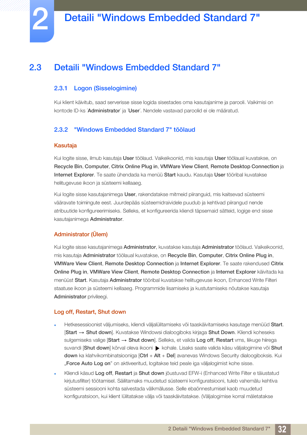 Samsung LF22TSWTBDN/EN manual Detaili Windows Embedded Standard, Logon Sisselogimine, Windows Embedded Standard 7 töölaud 