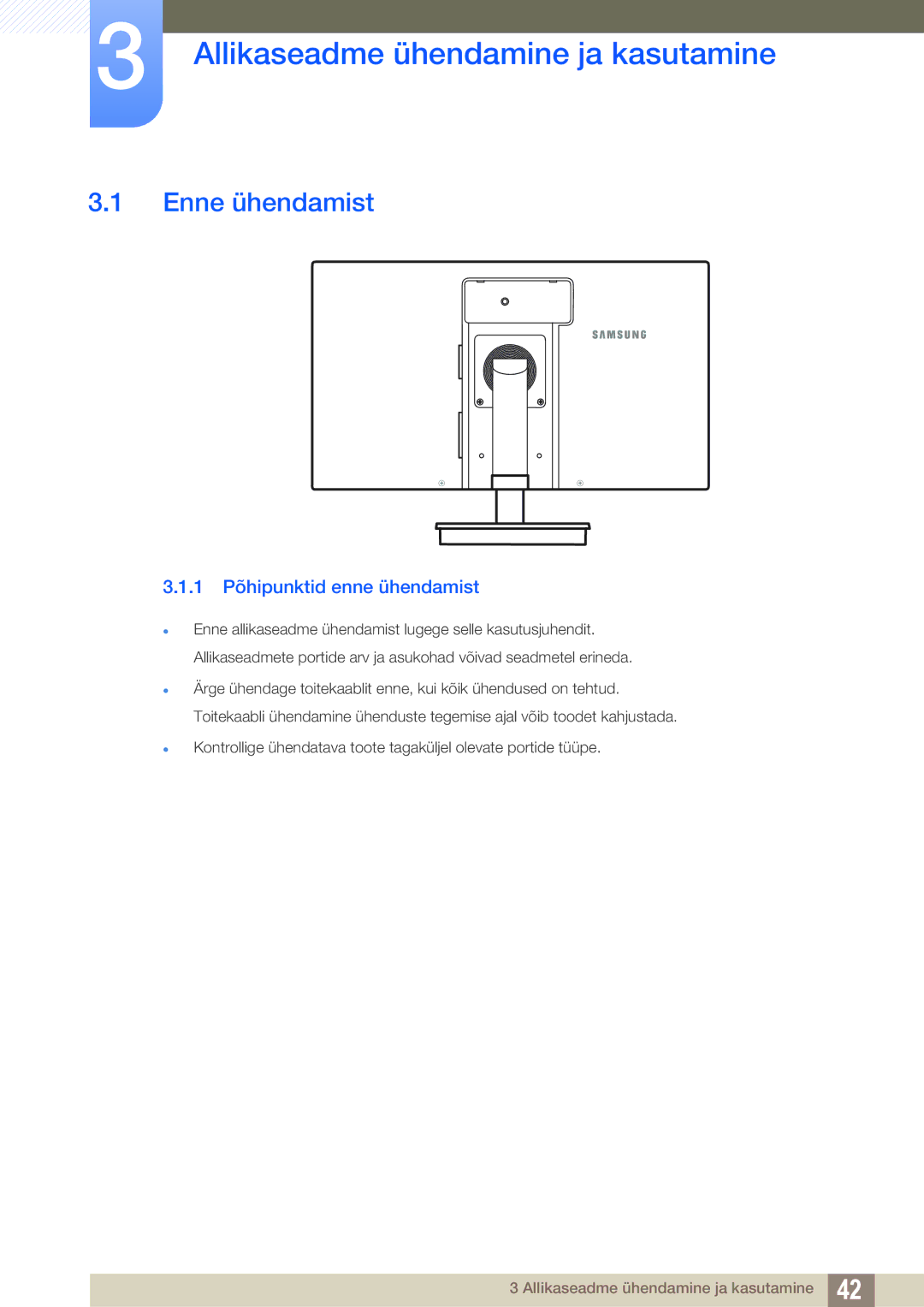 Samsung LF24TSWTBDN/EN manual Allikaseadme ühendamine ja kasutamine, Enne ühendamist, 1 Põhipunktid enne ühendamist 