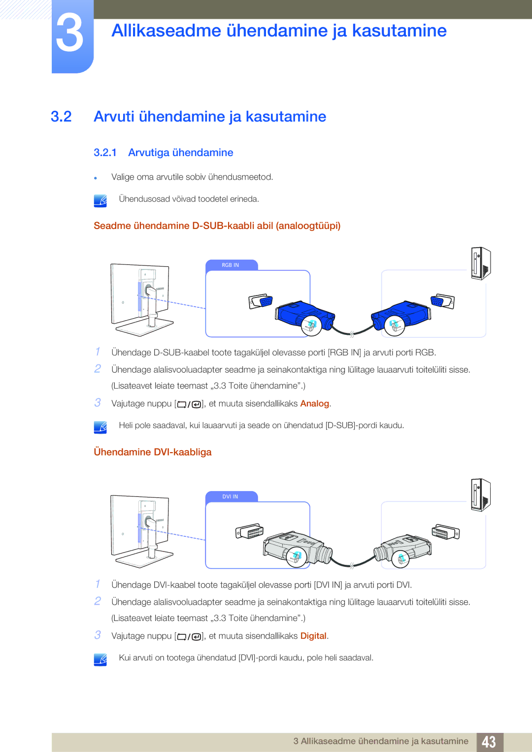 Samsung LF19TSWTBDN/EN, LF24TSWTBDN/EN manual Arvuti ühendamine ja kasutamine, Arvutiga ühendamine, Ühendamine DVI-kaabliga 