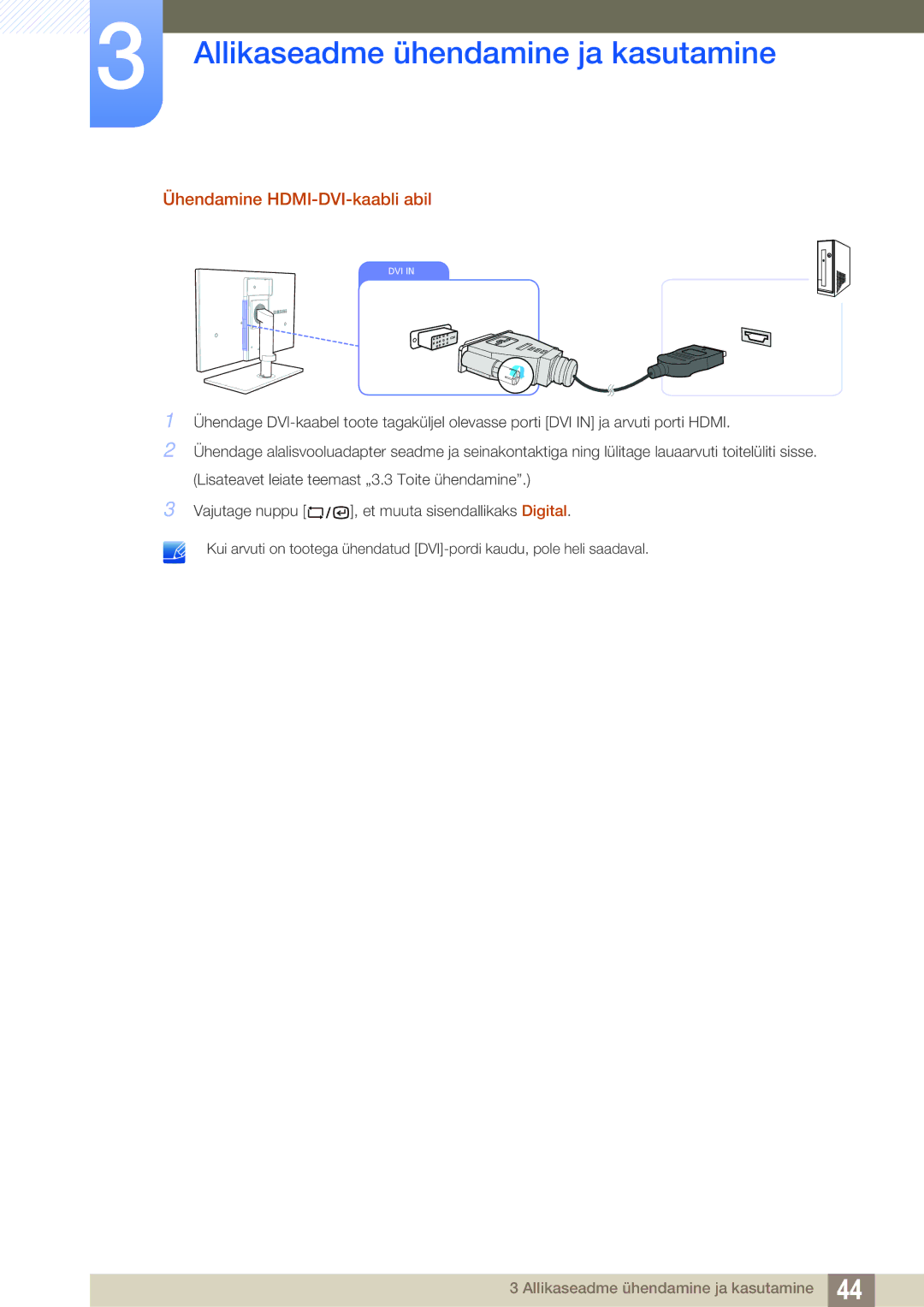 Samsung LF22TSWTBDN/EN, LF24TSWTBDN/EN, LF19TSWTBDN/EN manual Ühendamine HDMI-DVI-kaabli abil 