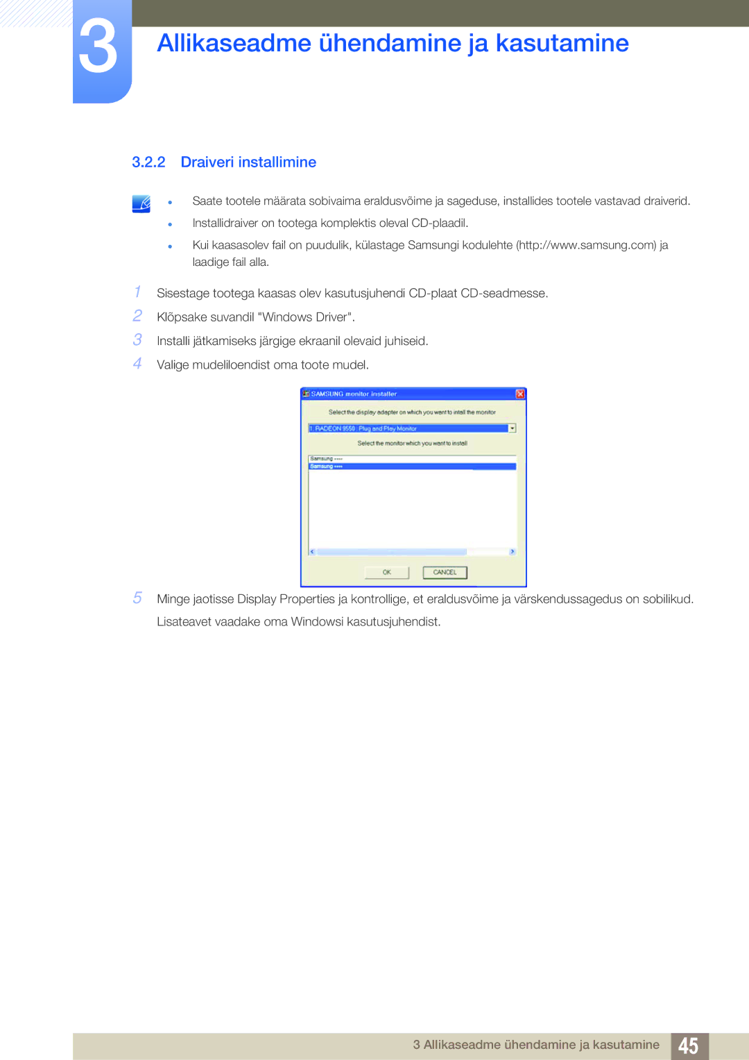 Samsung LF24TSWTBDN/EN, LF19TSWTBDN/EN, LF22TSWTBDN/EN manual Draiveri installimine 