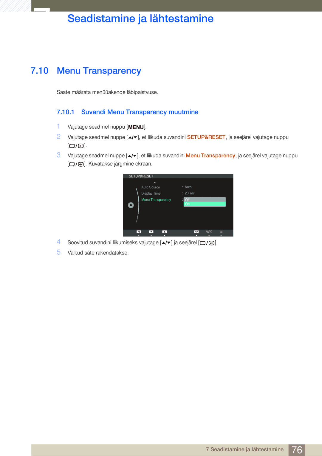 Samsung LF19TSWTBDN/EN, LF24TSWTBDN/EN, LF22TSWTBDN/EN manual Suvandi Menu Transparency muutmine 