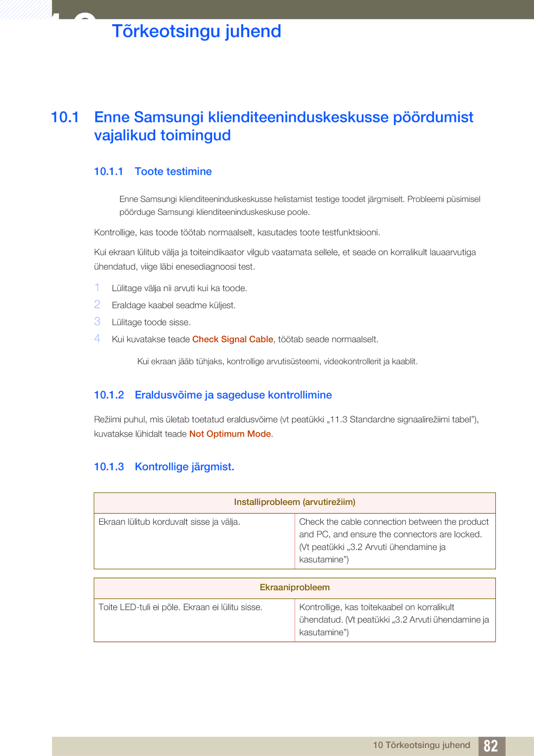 Samsung LF19TSWTBDN/EN, LF24TSWTBDN/EN 10 Tõrkeotsingu juhend, Toote testimine, Eraldusvõime ja sageduse kontrollimine 