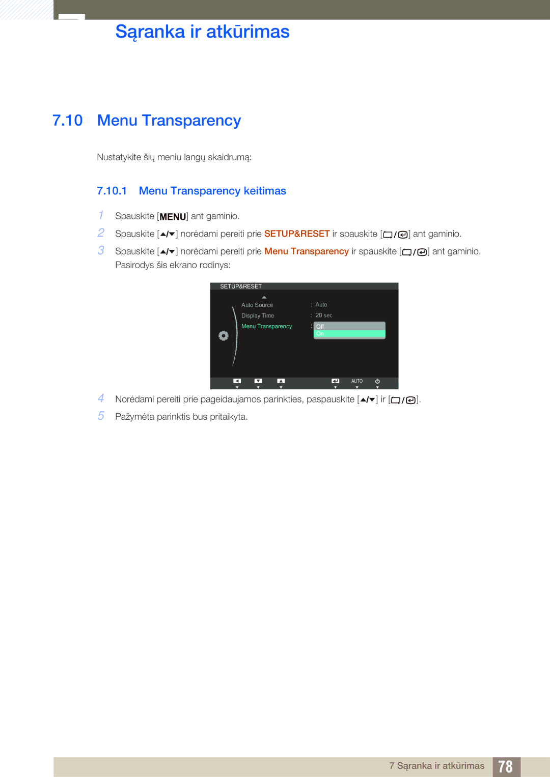 Samsung LF24TSWTBDN/EN, LF19TSWTBDN/EN, LF22TSWTBDN/EN manual Menu Transparency keitimas 