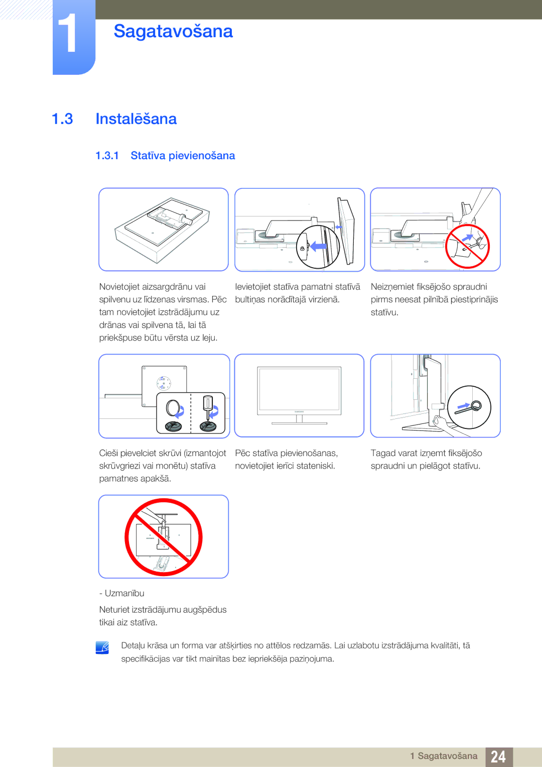 Samsung LF24TSWTBDN/EN, LF19TSWTBDN/EN, LF22TSWTBDN/EN manual Instalēšana, Statīva pievienošana 