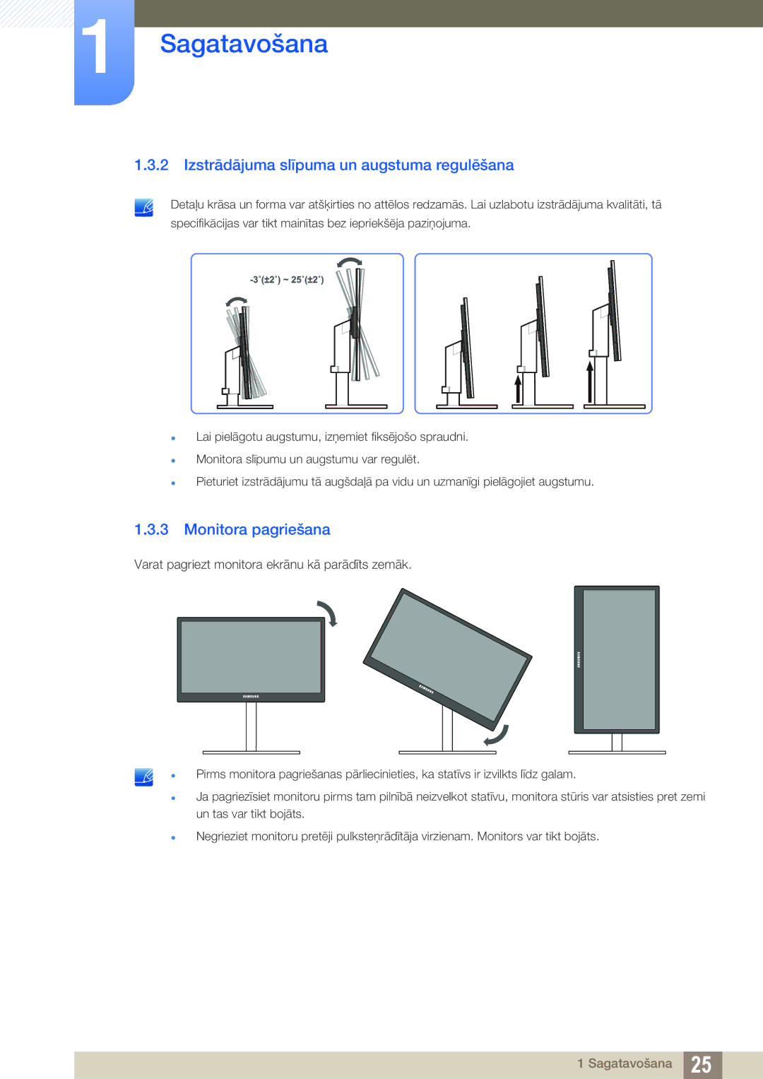 Samsung LF19TSWTBDN/EN, LF24TSWTBDN/EN, LF22TSWTBDN/EN Izstrādājuma slīpuma un augstuma regulēšana, Monitora pagriešana 