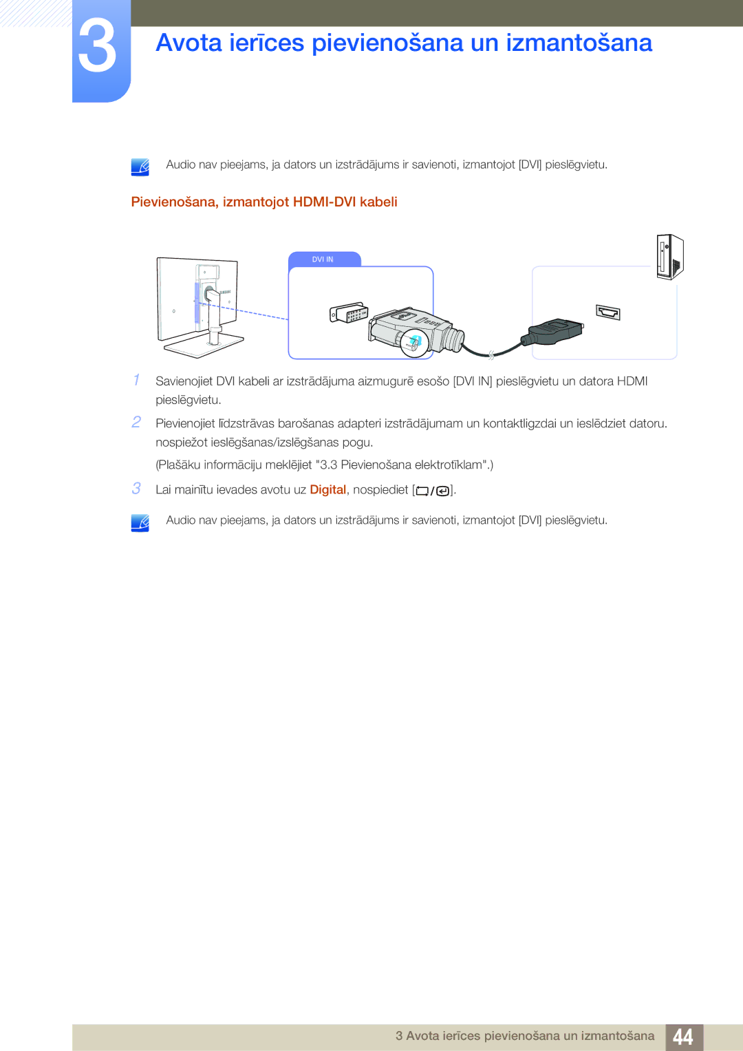 Samsung LF22TSWTBDN/EN, LF24TSWTBDN/EN, LF19TSWTBDN/EN manual Pievienošana, izmantojot HDMI-DVI kabeli 