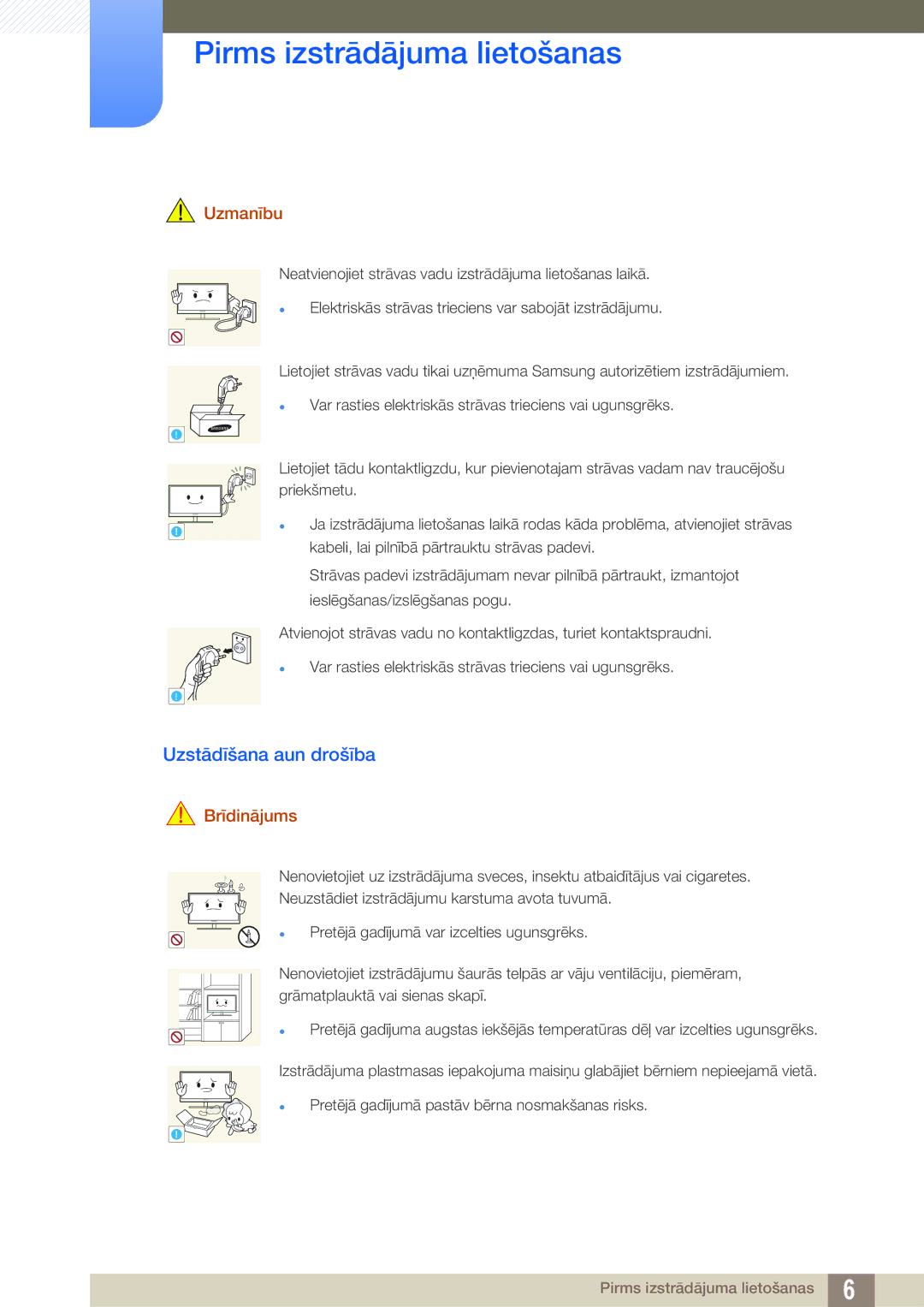 Samsung LF24TSWTBDN/EN, LF19TSWTBDN/EN, LF22TSWTBDN/EN manual Uzstādīšana aun drošība, Uzmanību 