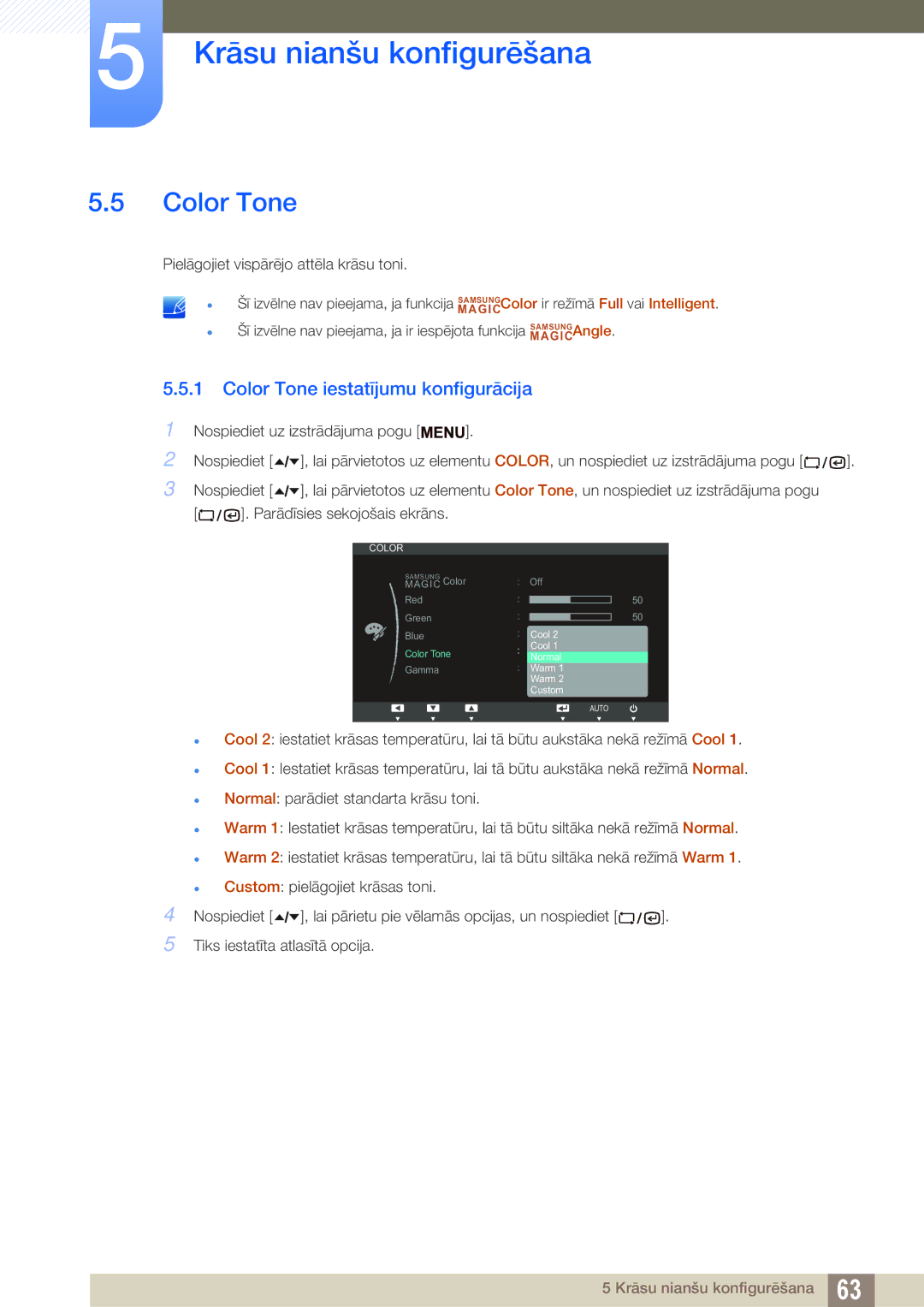 Samsung LF24TSWTBDN/EN, LF19TSWTBDN/EN, LF22TSWTBDN/EN manual Color Tone iestatījumu konfigurācija 