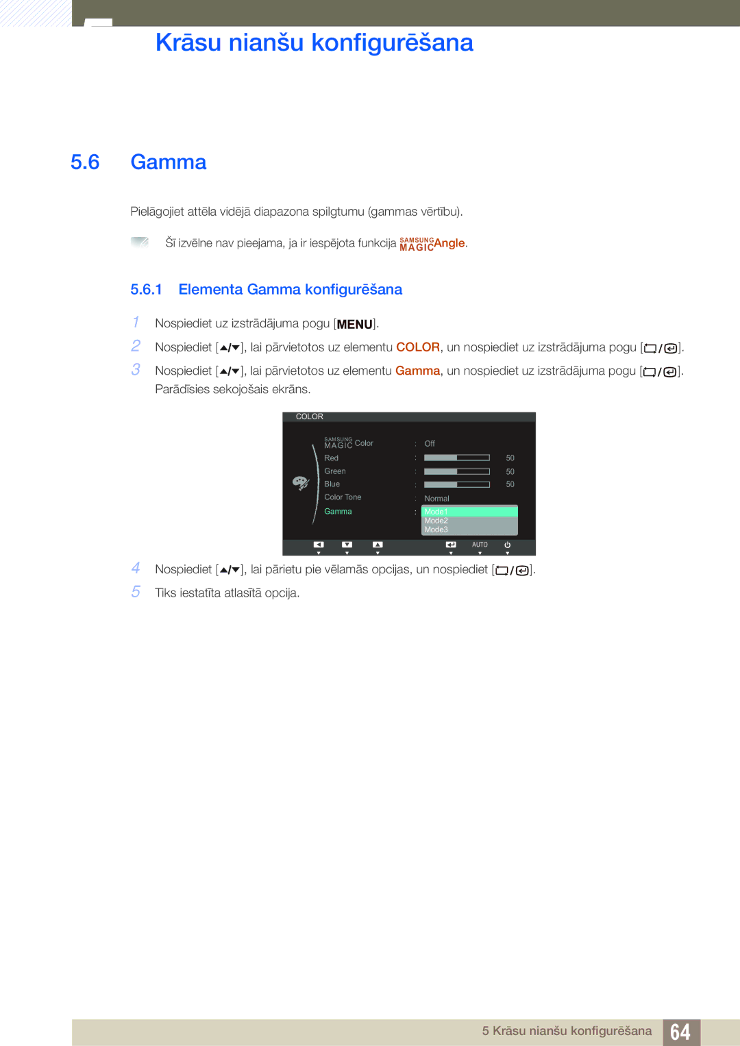 Samsung LF19TSWTBDN/EN, LF24TSWTBDN/EN, LF22TSWTBDN/EN manual Elementa Gamma konfigurēšana 