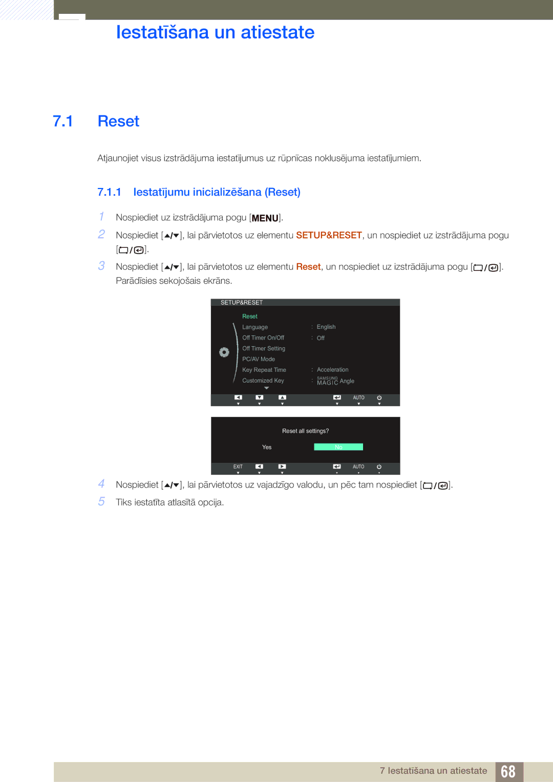 Samsung LF22TSWTBDN/EN, LF24TSWTBDN/EN, LF19TSWTBDN/EN manual Iestatīšana un atiestate, Iestatījumu inicializēšana Reset 