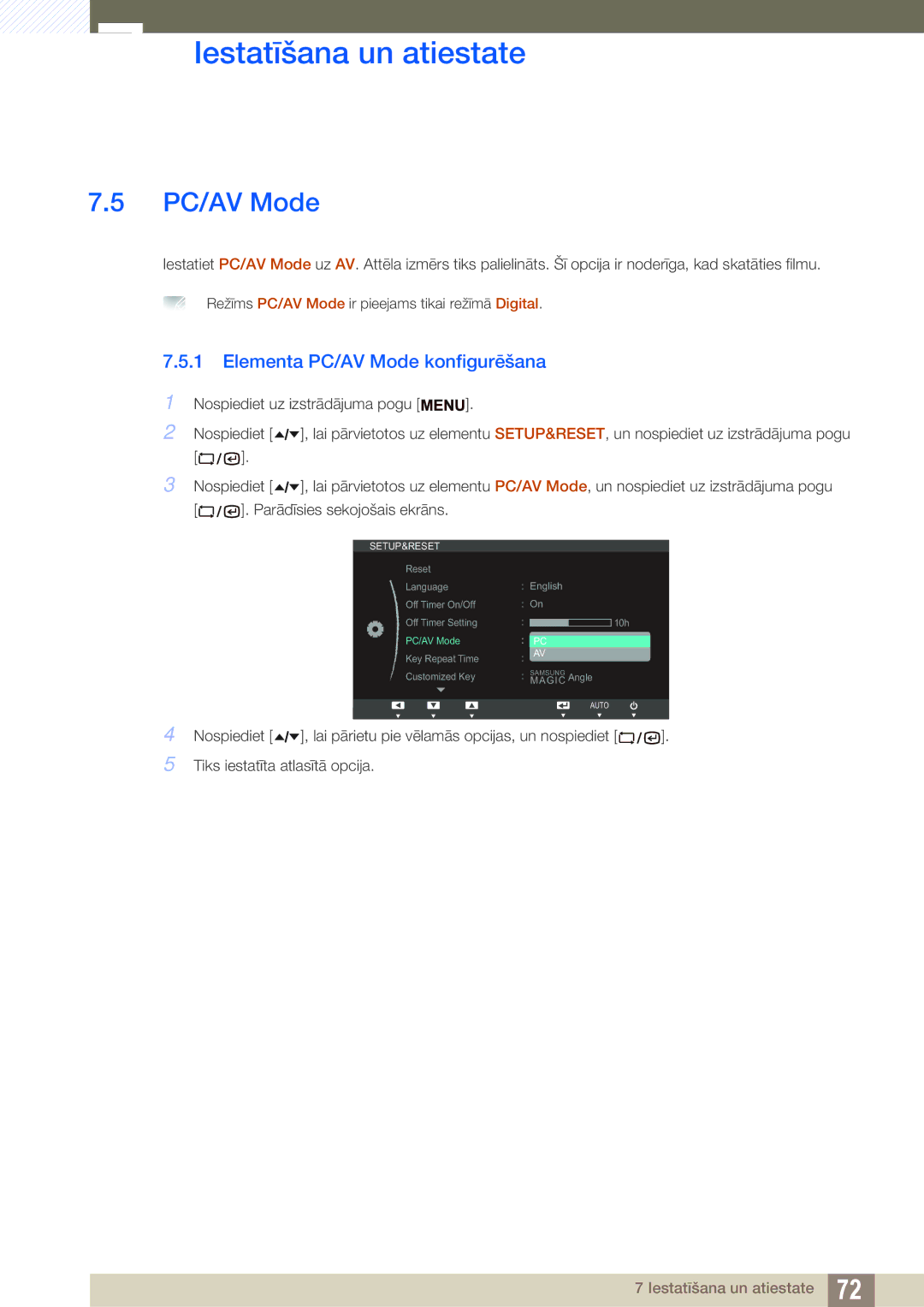 Samsung LF24TSWTBDN/EN, LF19TSWTBDN/EN, LF22TSWTBDN/EN manual Elementa PC/AV Mode konfigurēšana 