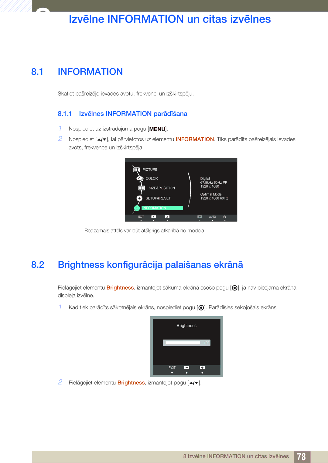 Samsung LF24TSWTBDN/EN, LF19TSWTBDN/EN Izvēlne Information un citas izvēlnes, Brightness konfigurācija palaišanas ekrānā 