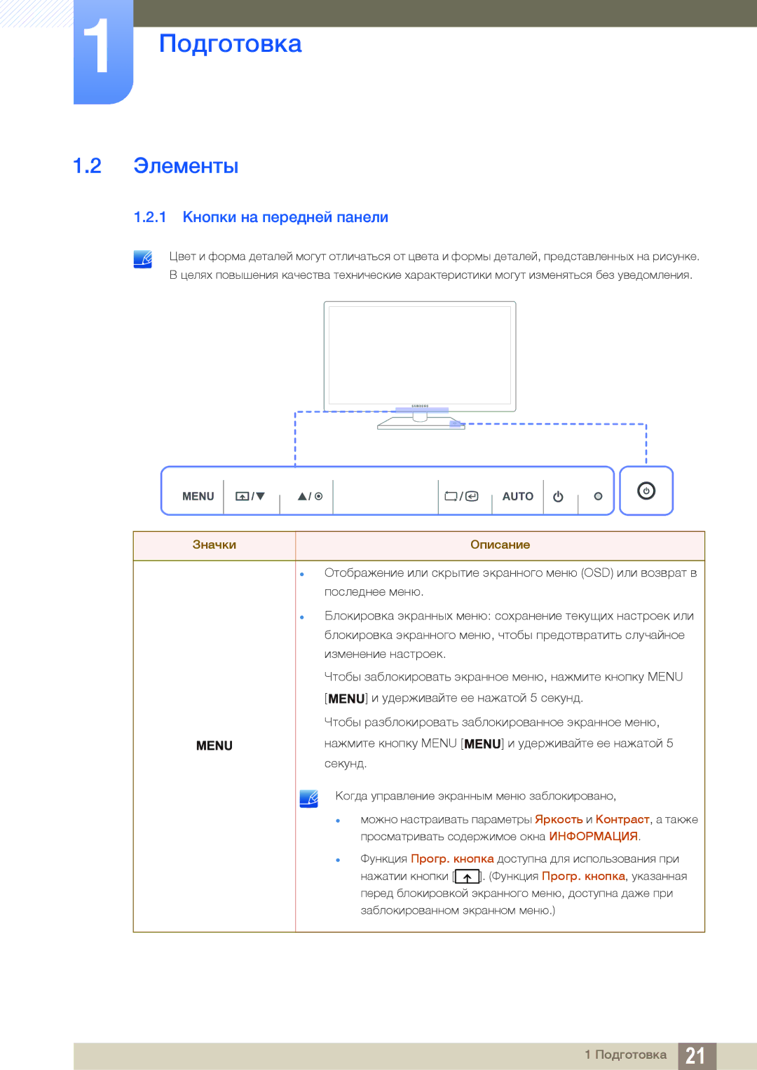 Samsung LF24TSWTBDN/EN, LF19TSWTBDN/EN, LF22TSWTBDN/EN manual Элементы, 1 Кнопки на передней панели 