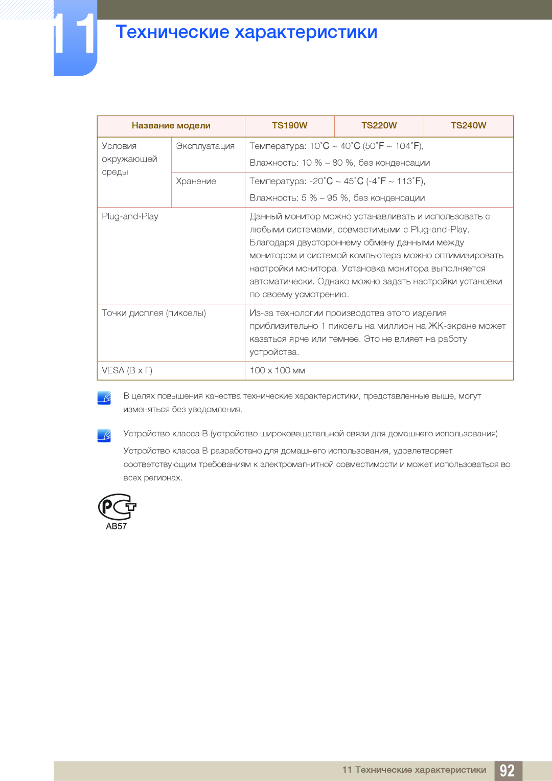 Samsung LF22TSWTBDN/EN, LF24TSWTBDN/EN, LF19TSWTBDN/EN manual 11 Технические характеристики 